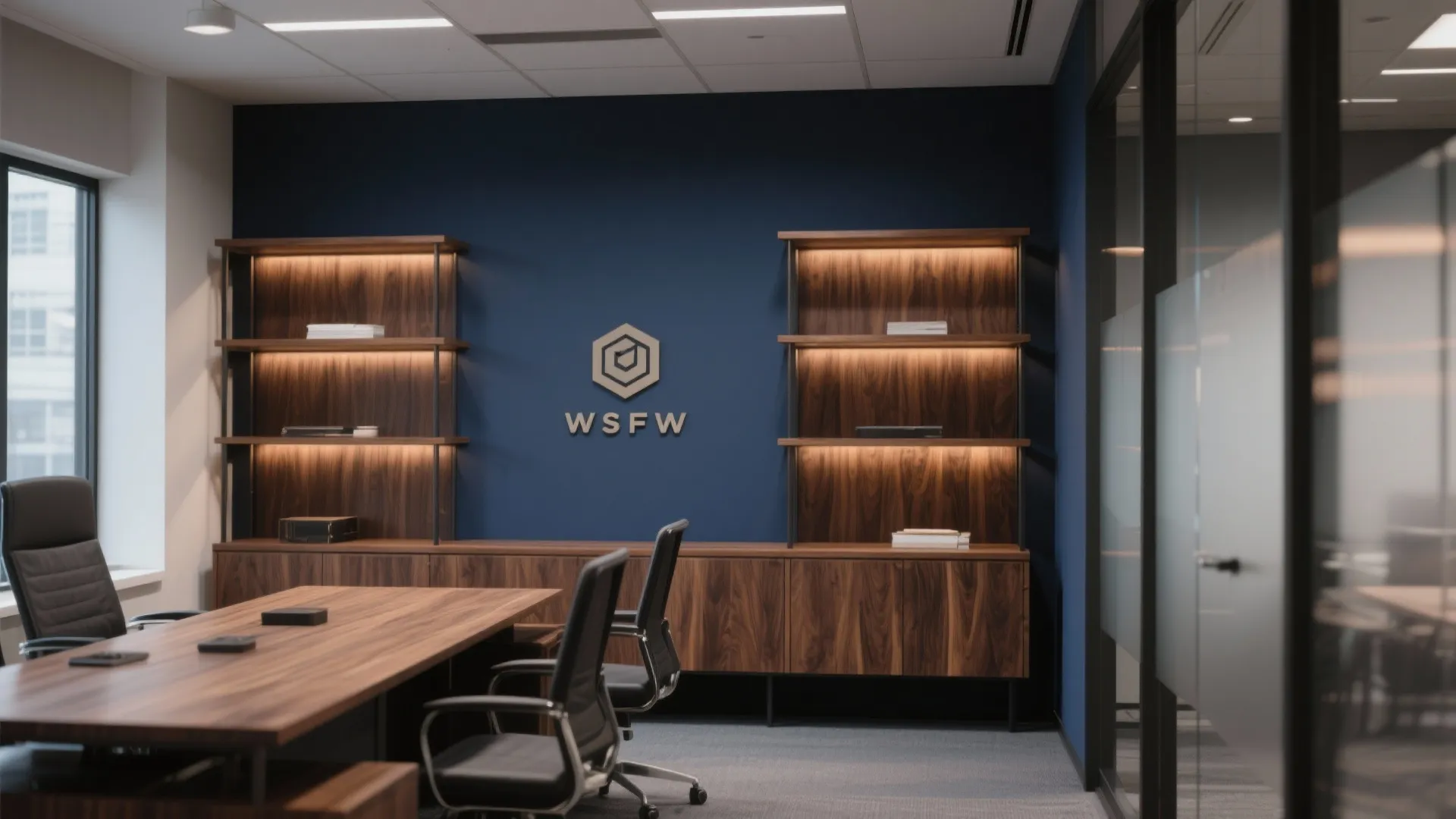 Meeting room with blue accent wall wooden cabinet shelves large table and black office chairs