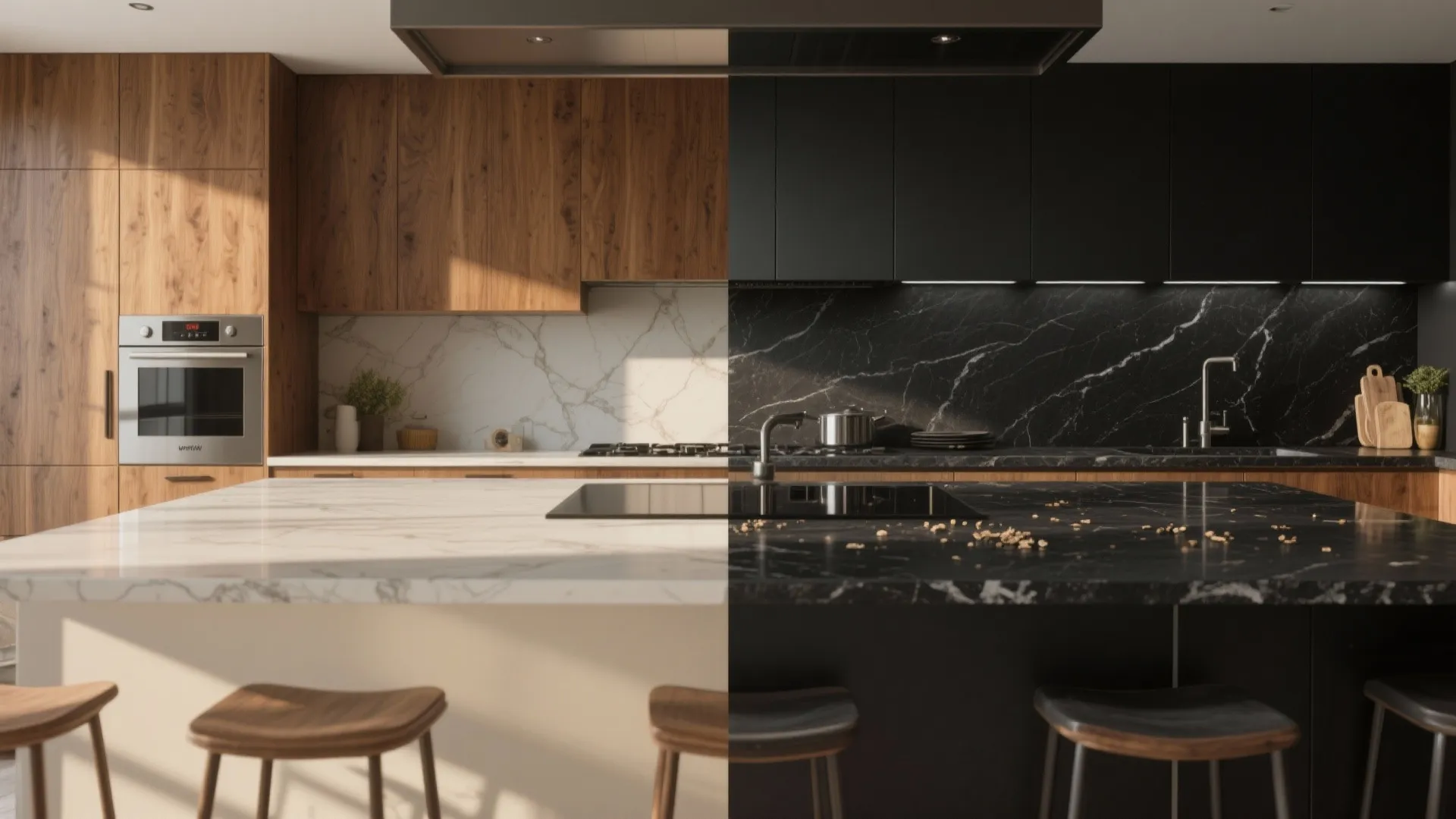 Side by side comparison of light wood kitchen cabinets versus dark black modern kitchen cabinets design