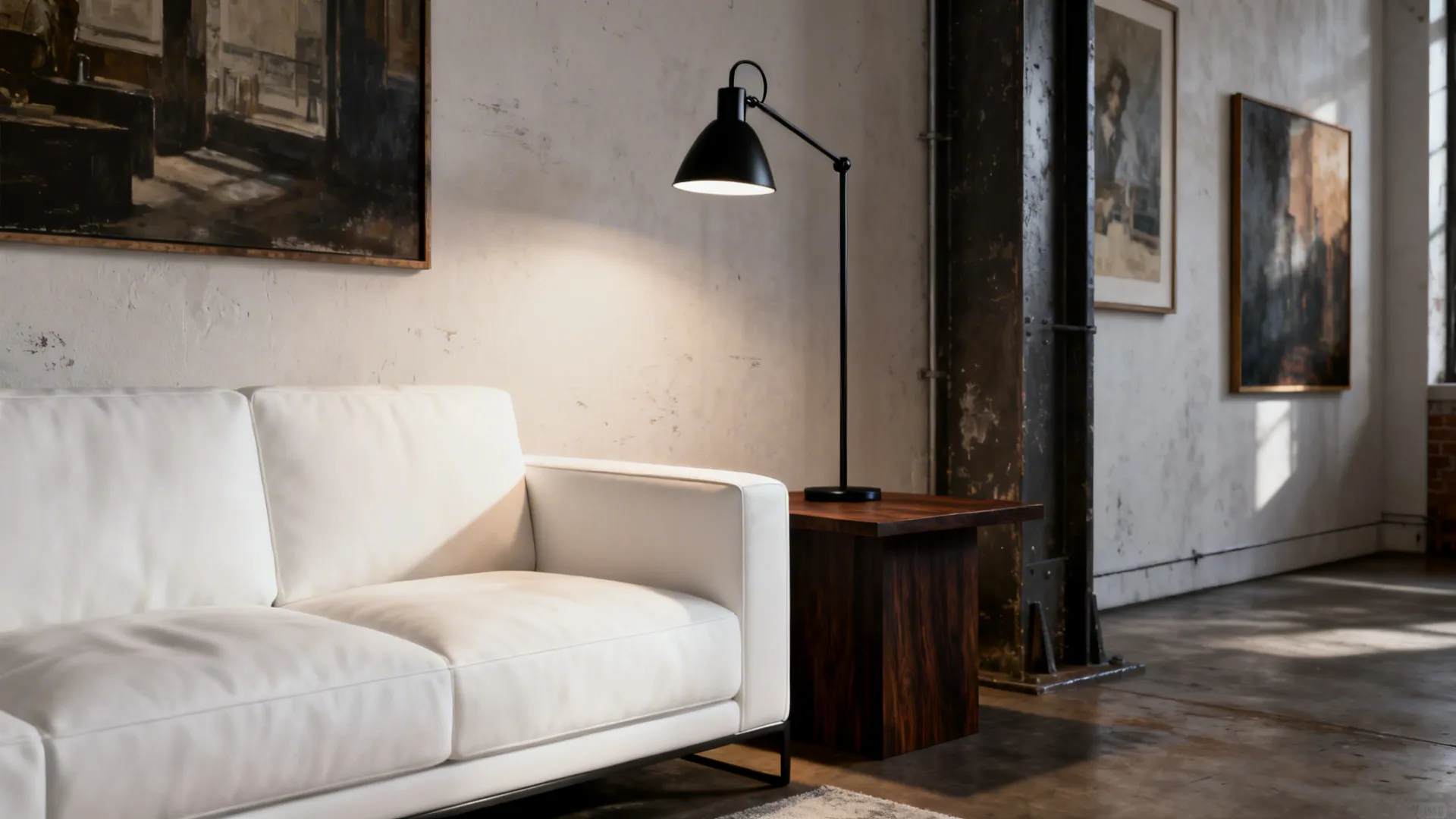 White sofa paired with a dark side table and black metal lamp creating crisp contrast.