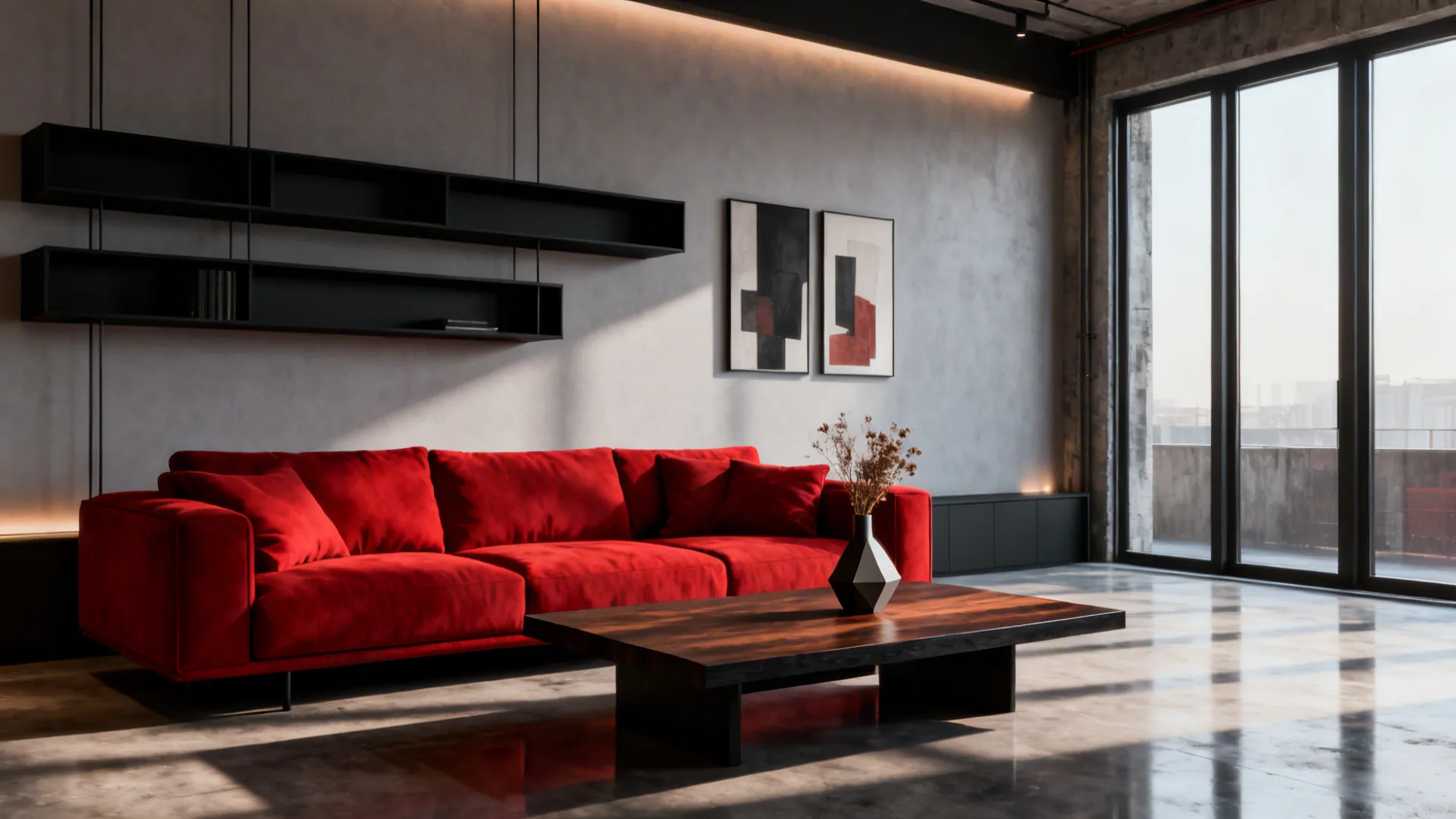 Red sofa contrasted with matte black shelving and dark wood coffee table in a loft.