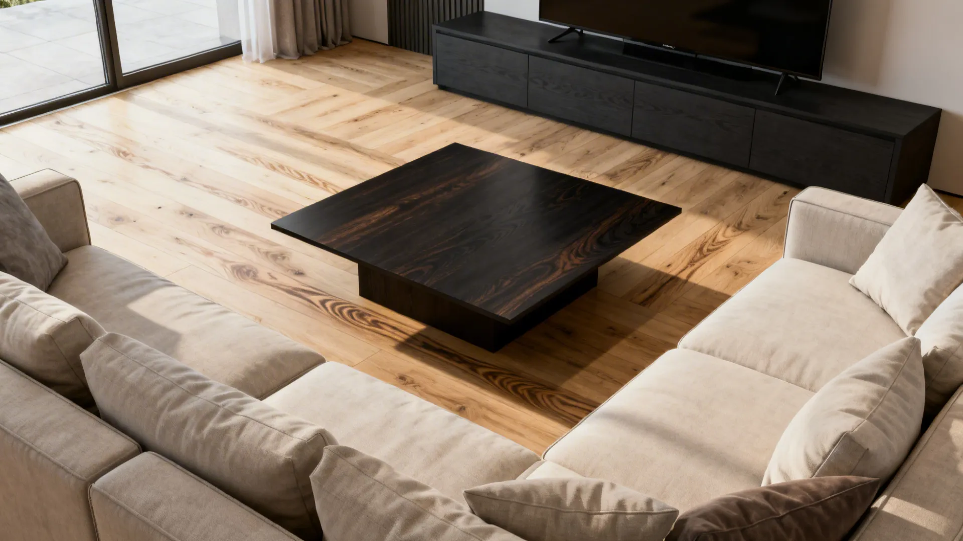Light hardwood floor with dark coffee table and charcoal media console