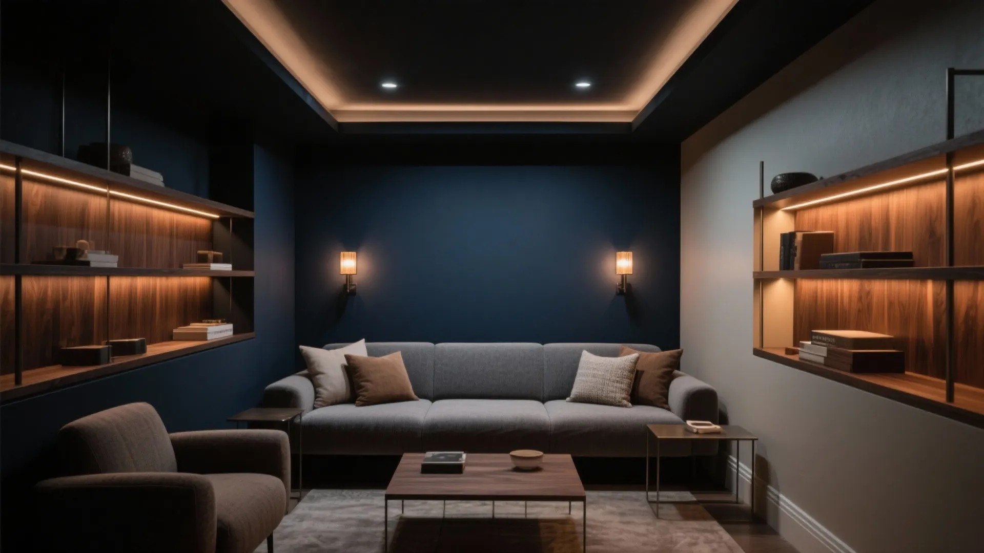 Modern living room with dark walls grey sofa wooden wall shelves warm lights coffee table