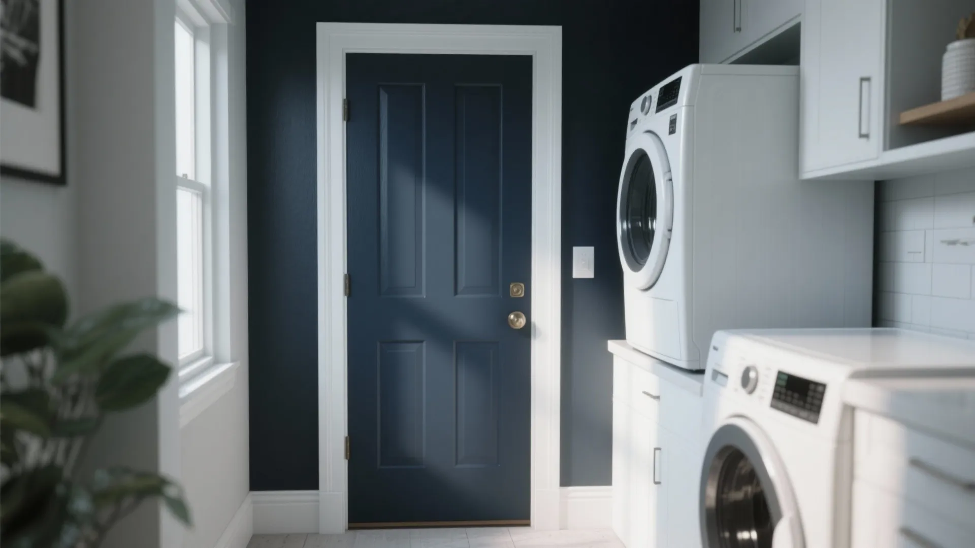 Small laundry area framed by a charcoal entry door, white appliances popping against the deep accent tone.