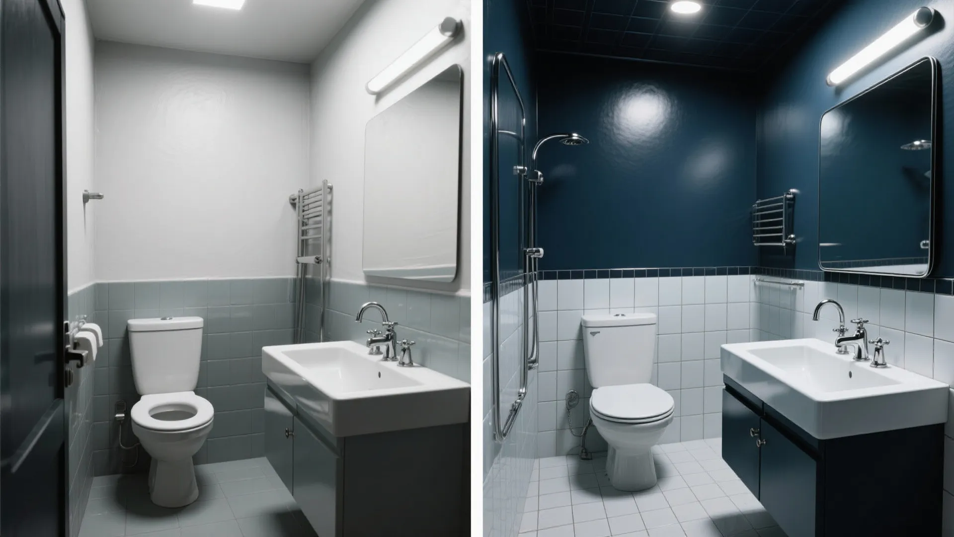 Before and after comparison of a bathroom showing light blue tiles versus dark blue paint