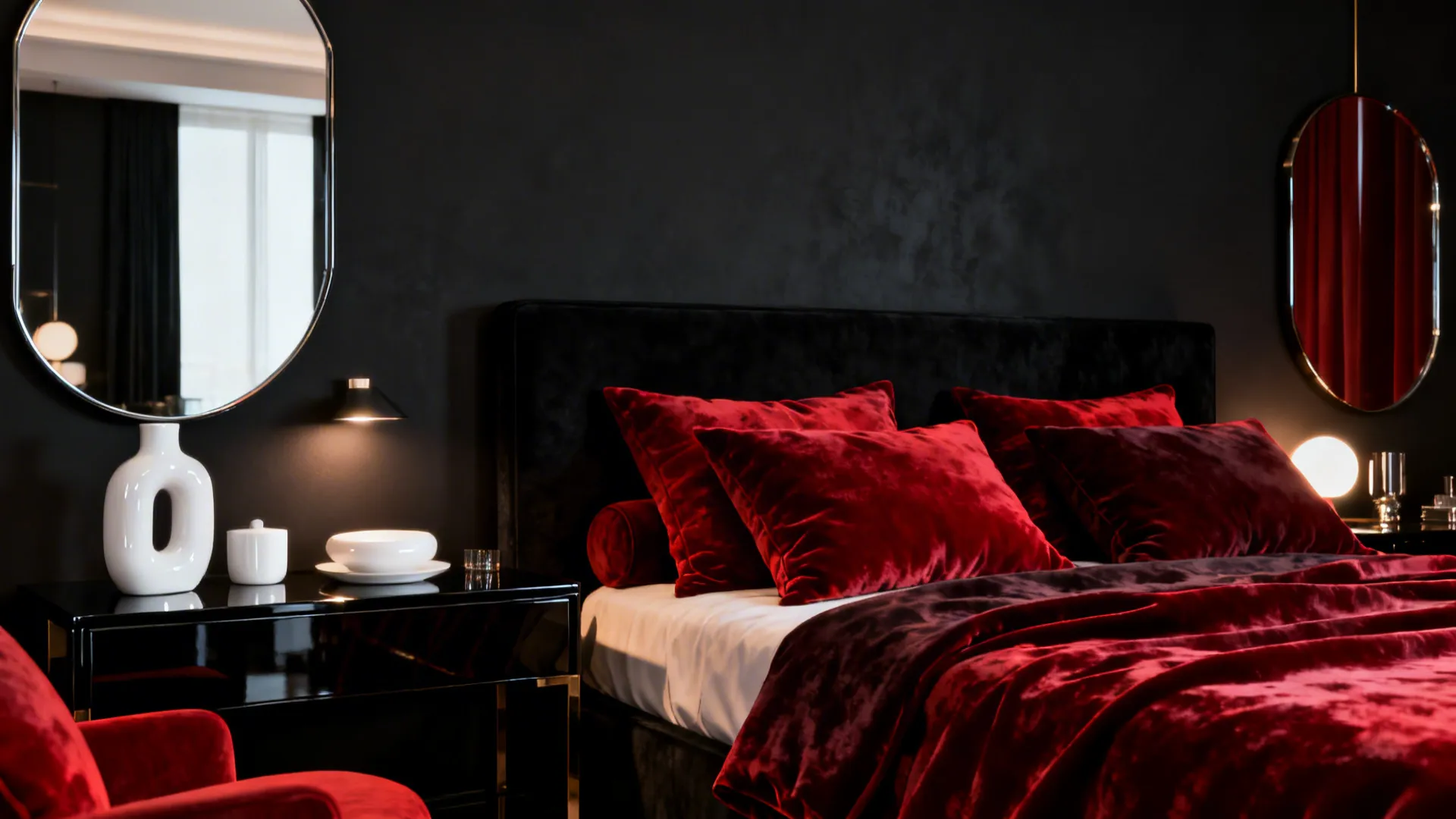Moody bedroom with a black accent wall, red velvet textiles and reflective white accessories.