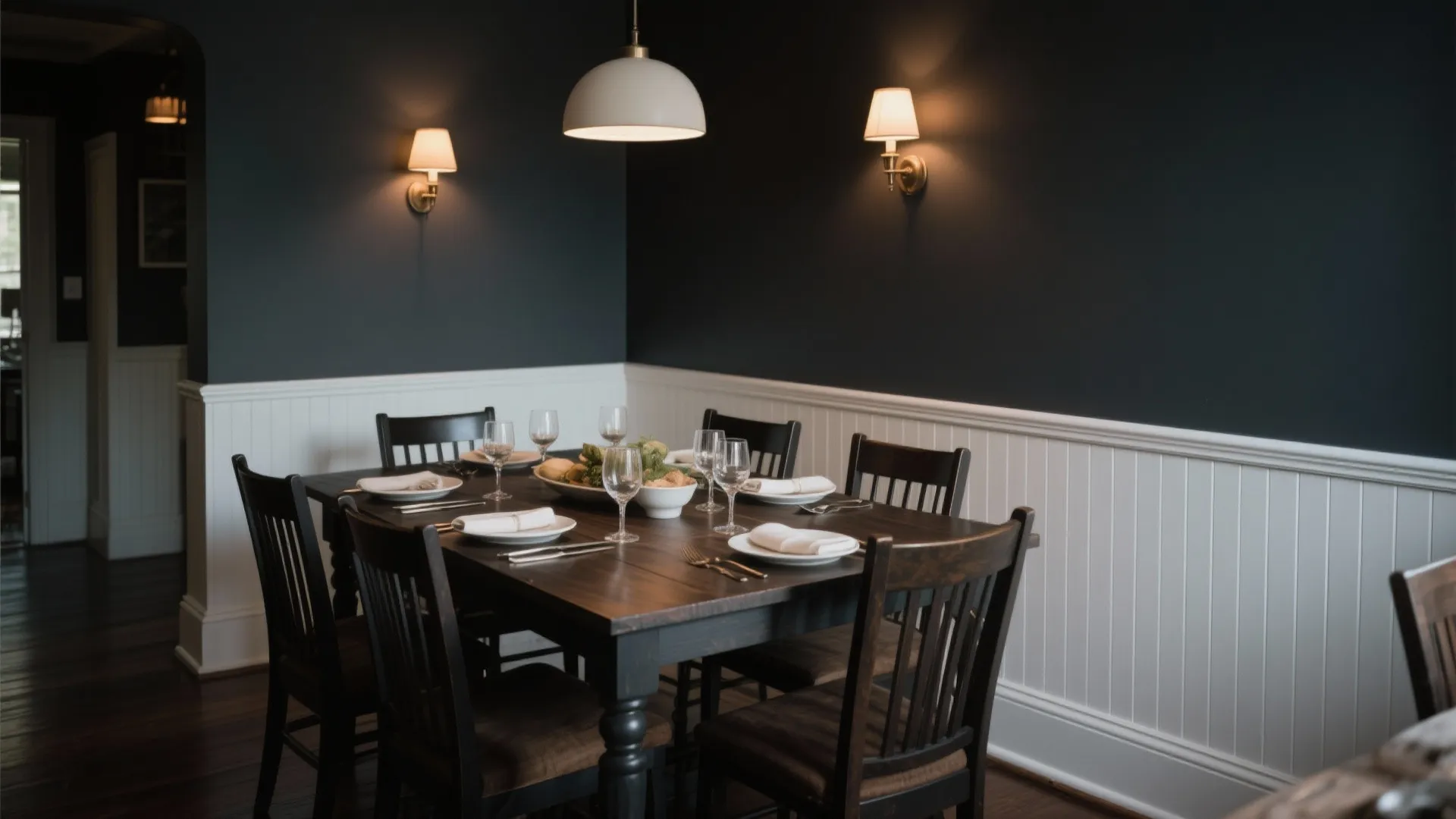 Dining room painted in deep charcoal with white chair rail