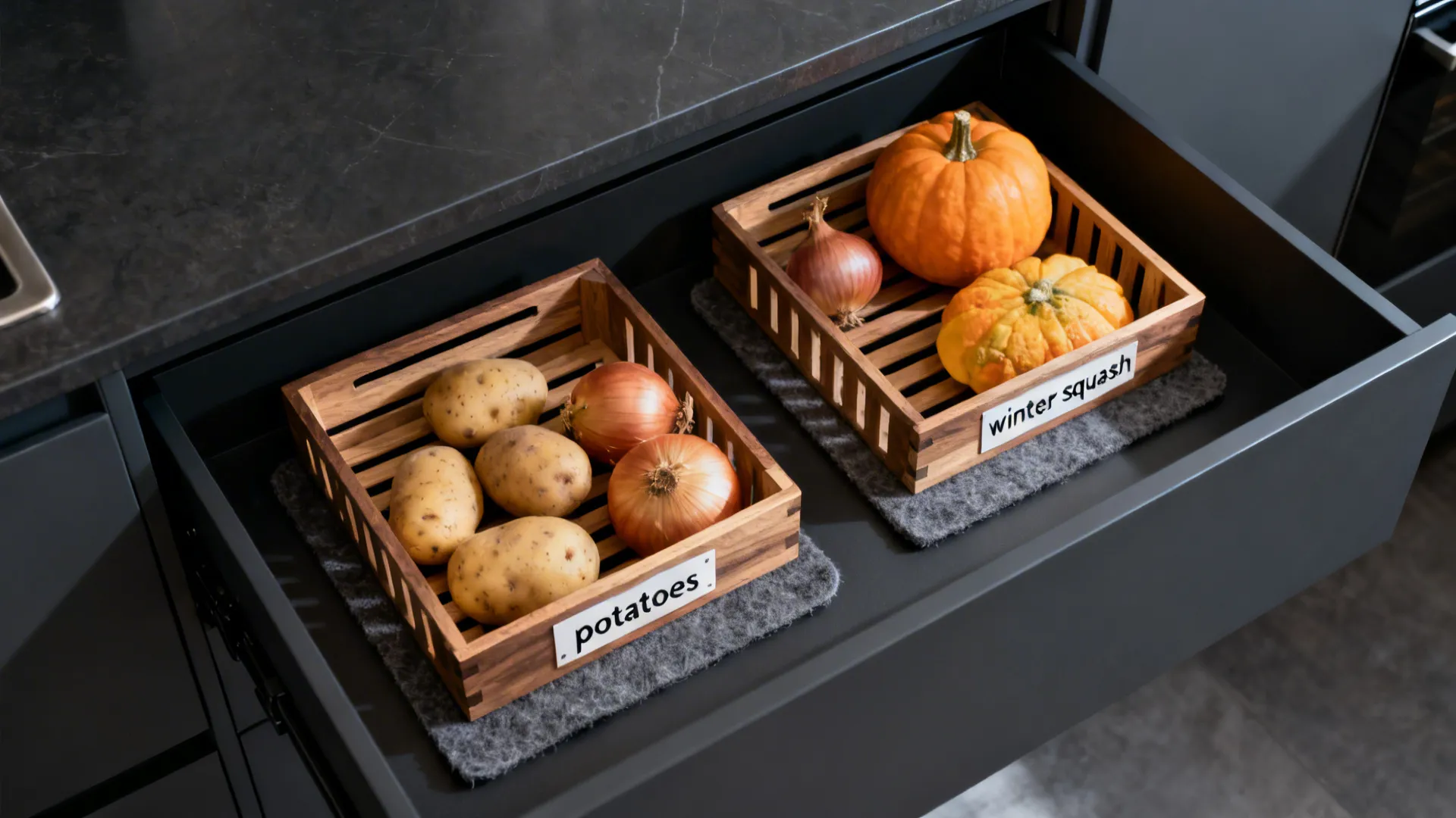 Top-down view of a dark kitchen drawer with shallow wooden crates separating potatoes, onions, and squash.