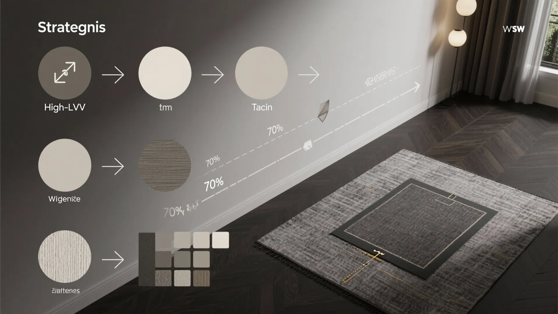 Interior design flowchart showing material selection process with color circles and grey rug on floor