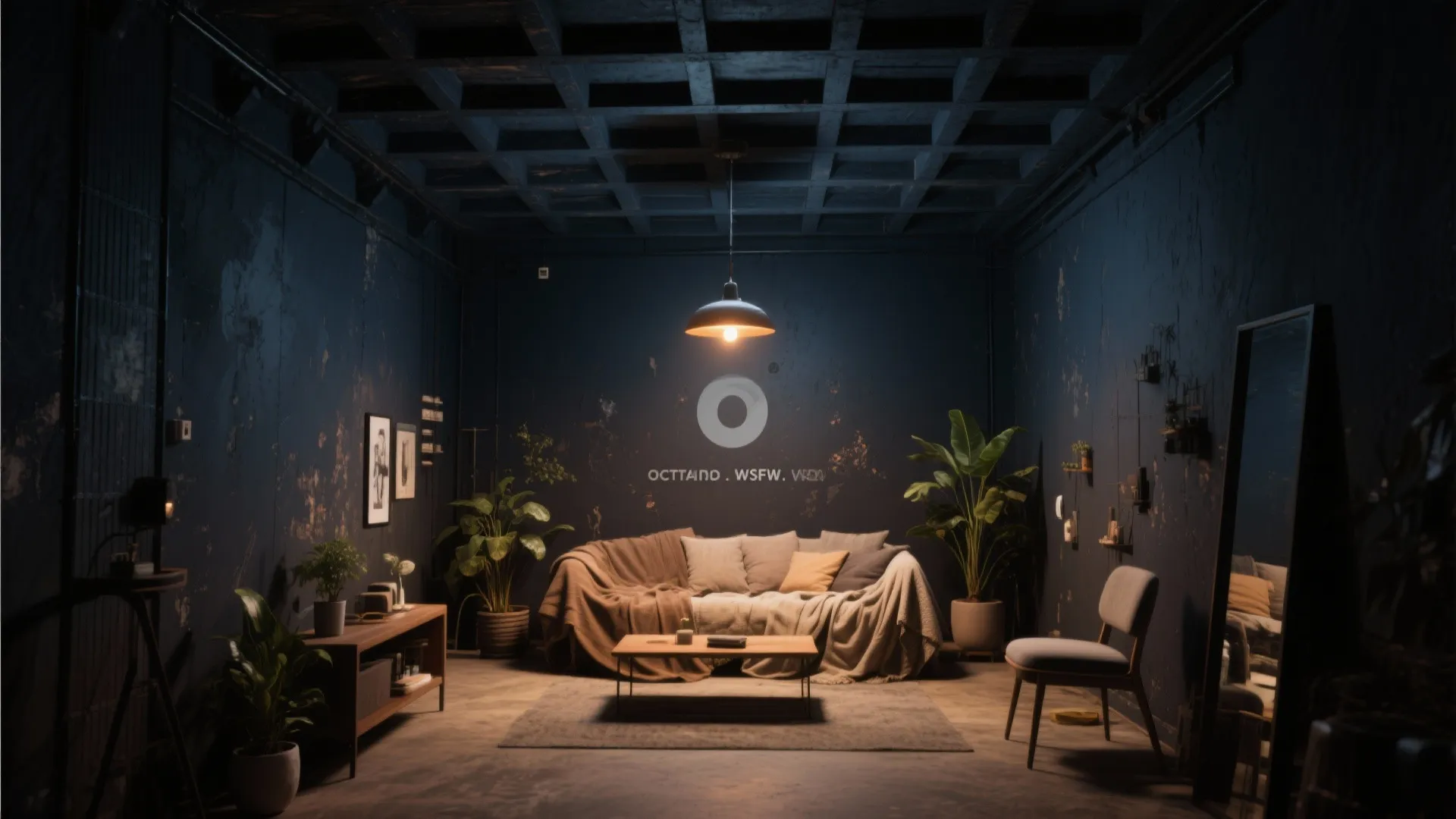 Compact studio with a dark painted ceiling matching the walls, creating a cozy, cocooning effect.