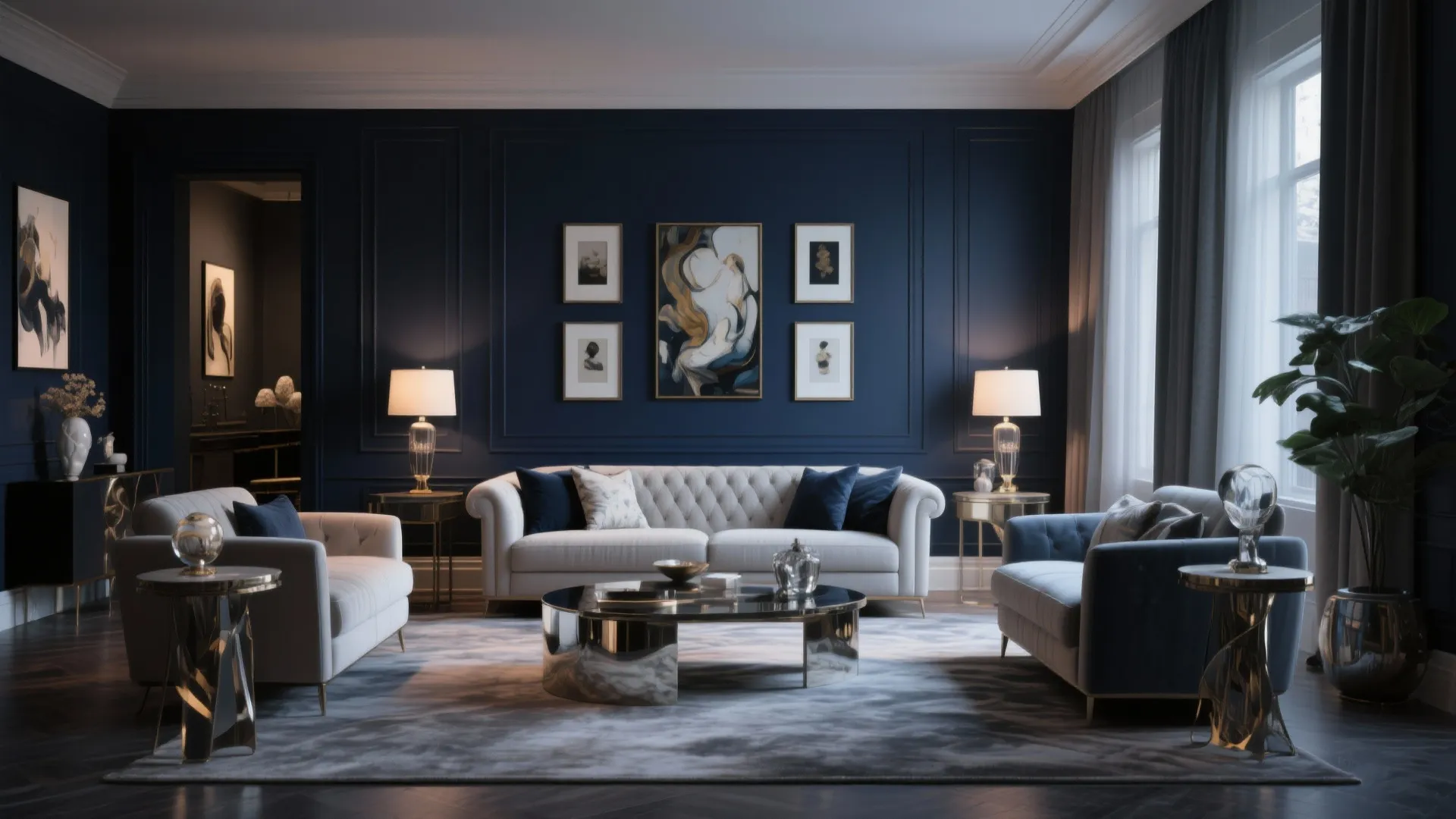 Elegant drawing room with a dark navy feature wall and art pieces