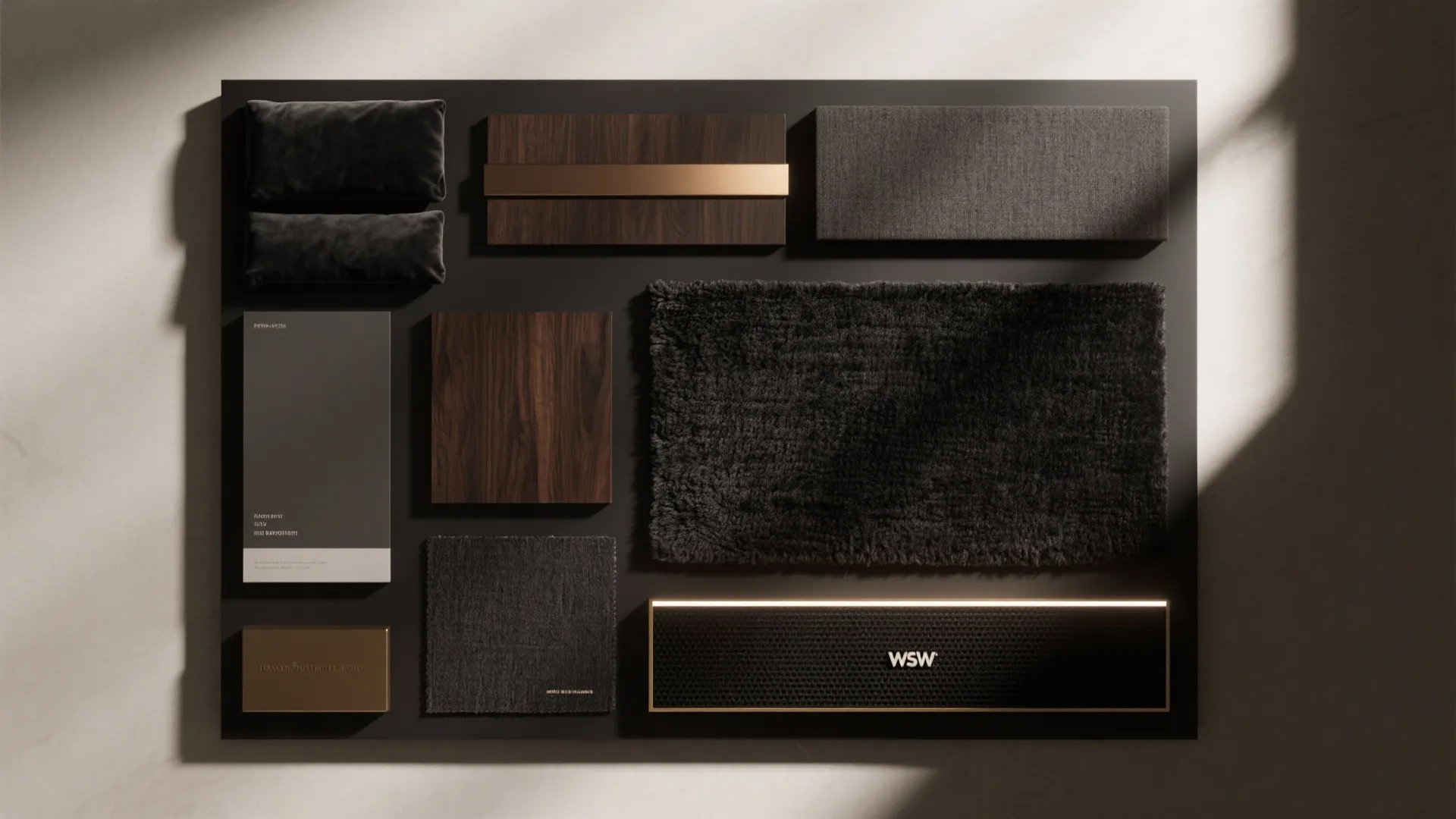 Interior design mood board with wood samples, fabric swatches, grey carpet, and dark wall panels