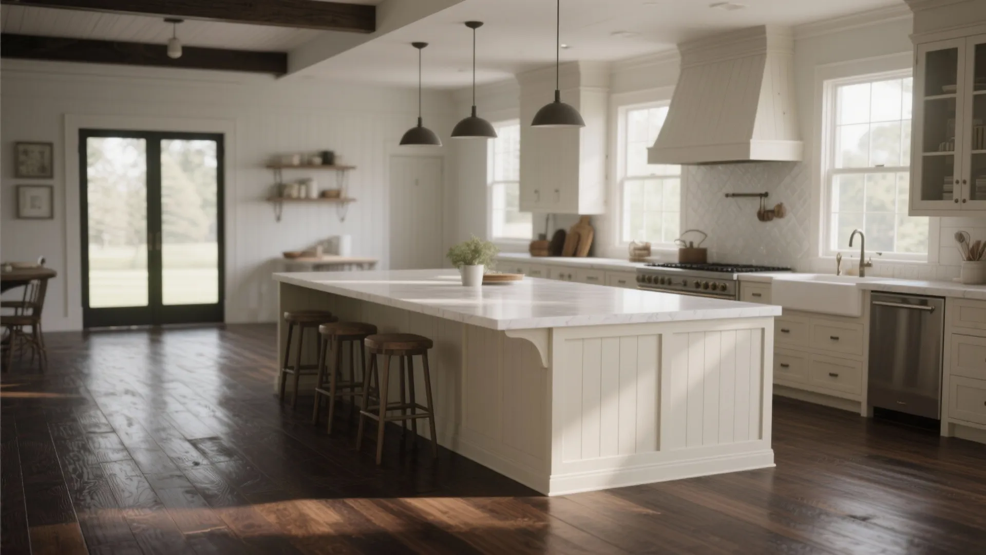Spacious white kitchen featuring a large marble island, dark wood flooring, and black ceiling lights