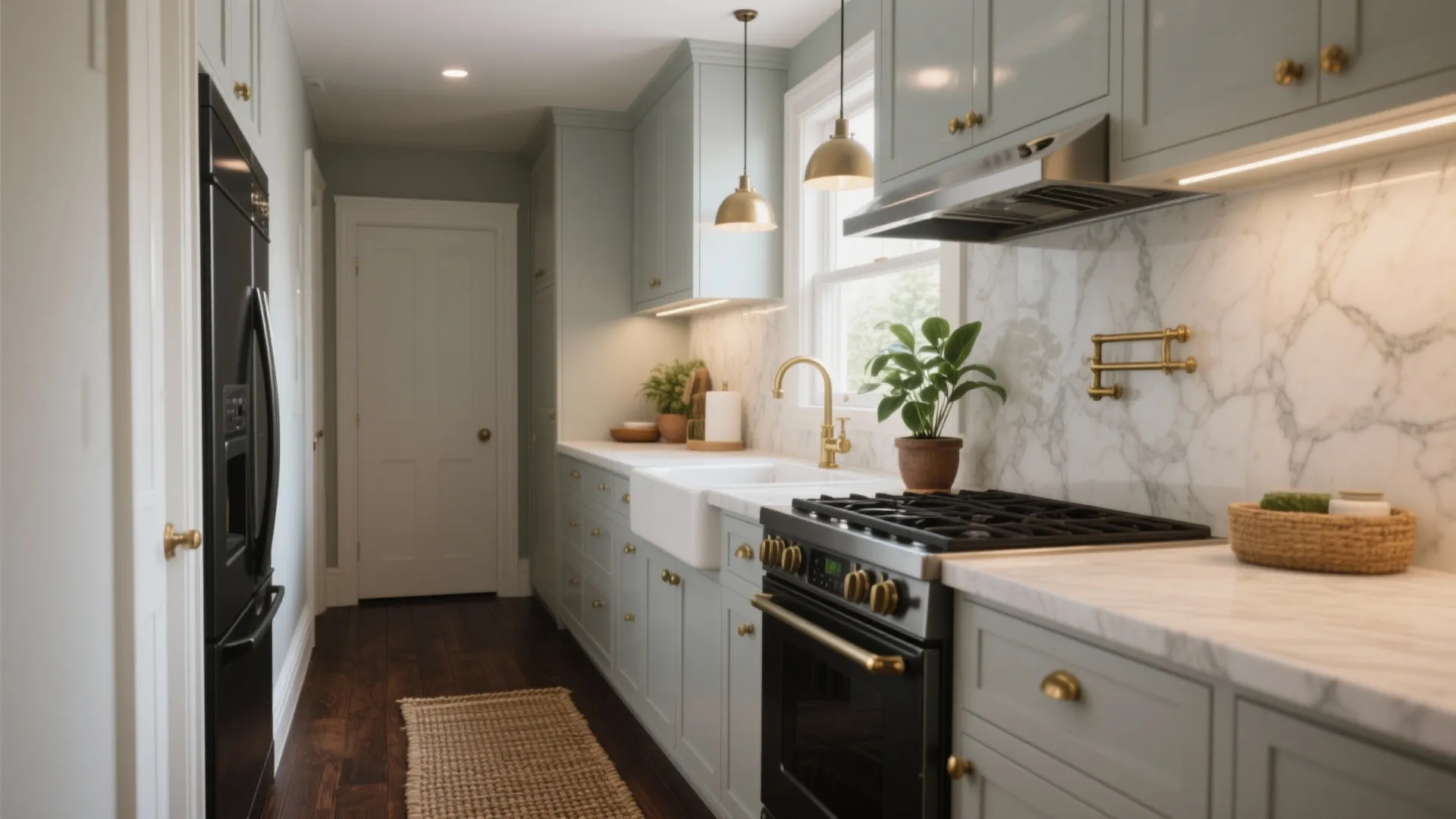 Modern kitchen with light blue cabinets white marble backsplash dark wood floor and gold light fixtures