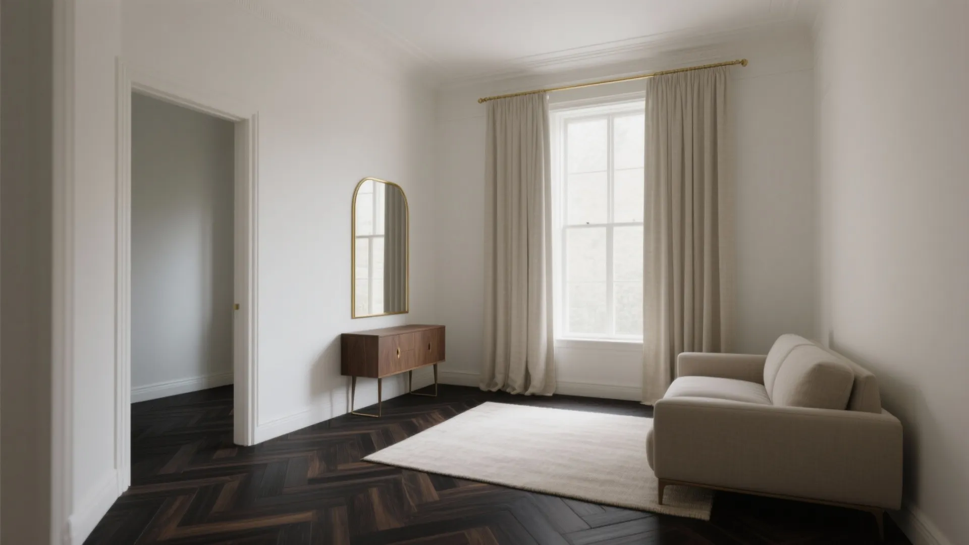 Bright room with white walls dark wood floor light sofa mirror and beige window curtains design