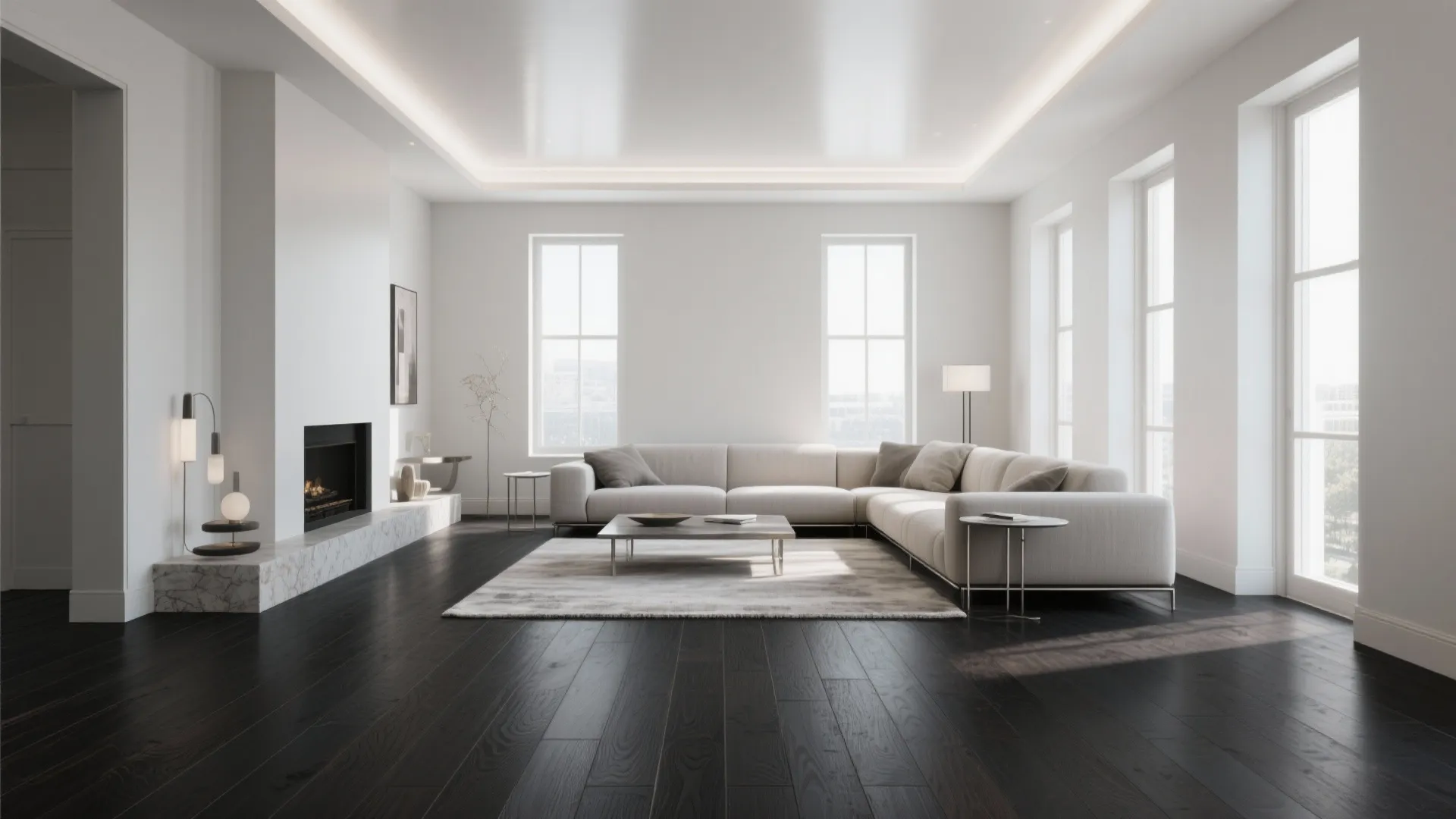 Modern white living room with dark wood flooring large sectional sofa fireplace and bright windows