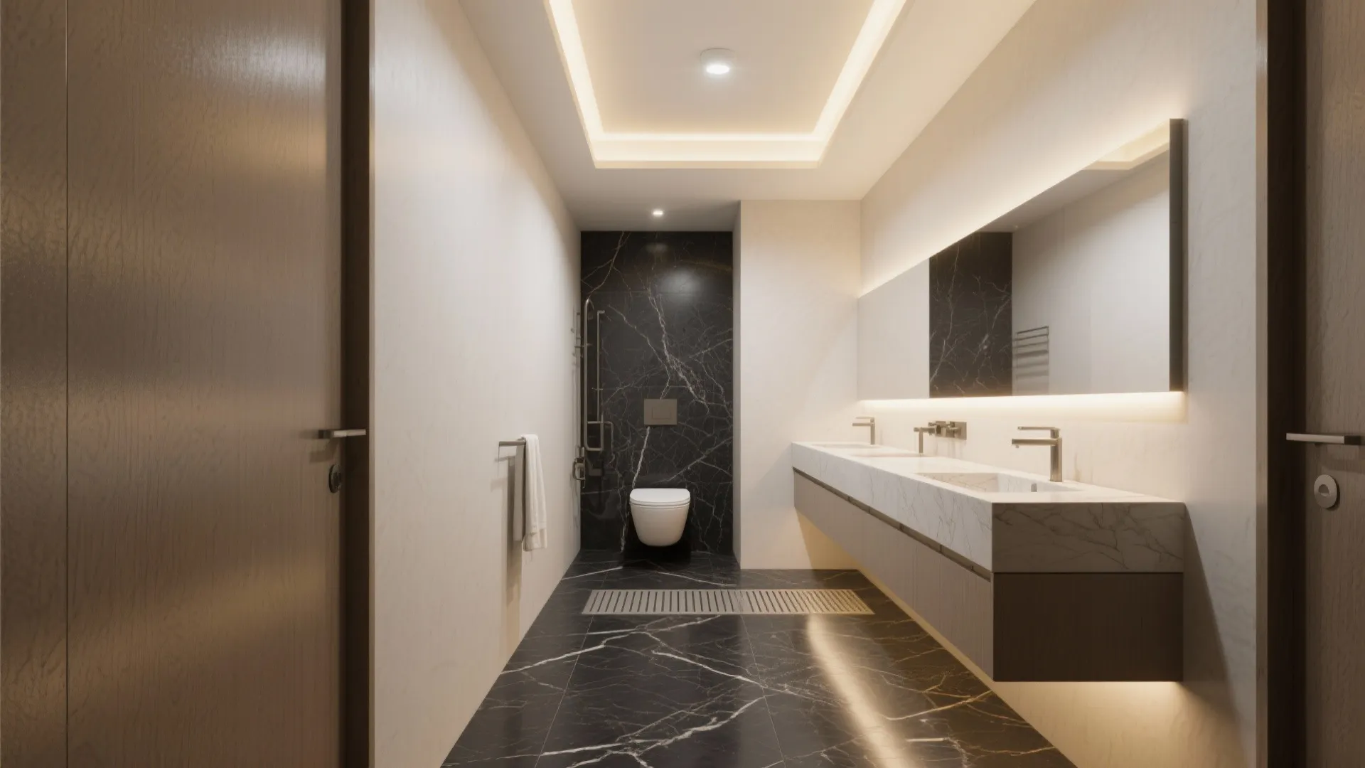 Small bathroom with a dark honed granite floor, light walls, and a light vanity top.