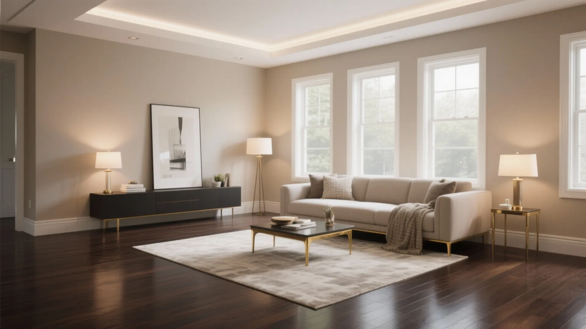 Modern living room with dark wood floor, beige sofa, black cabinet, windows, and table lamps
