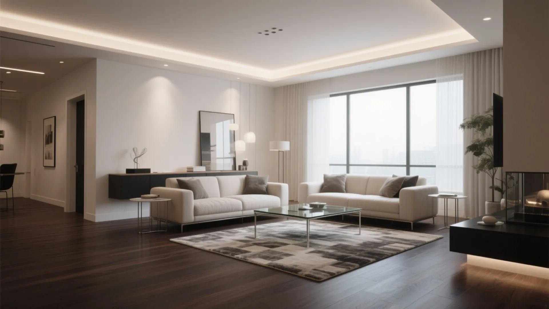 Modern living room with dark wood floors, white sofas, glass table, rug, and large windows