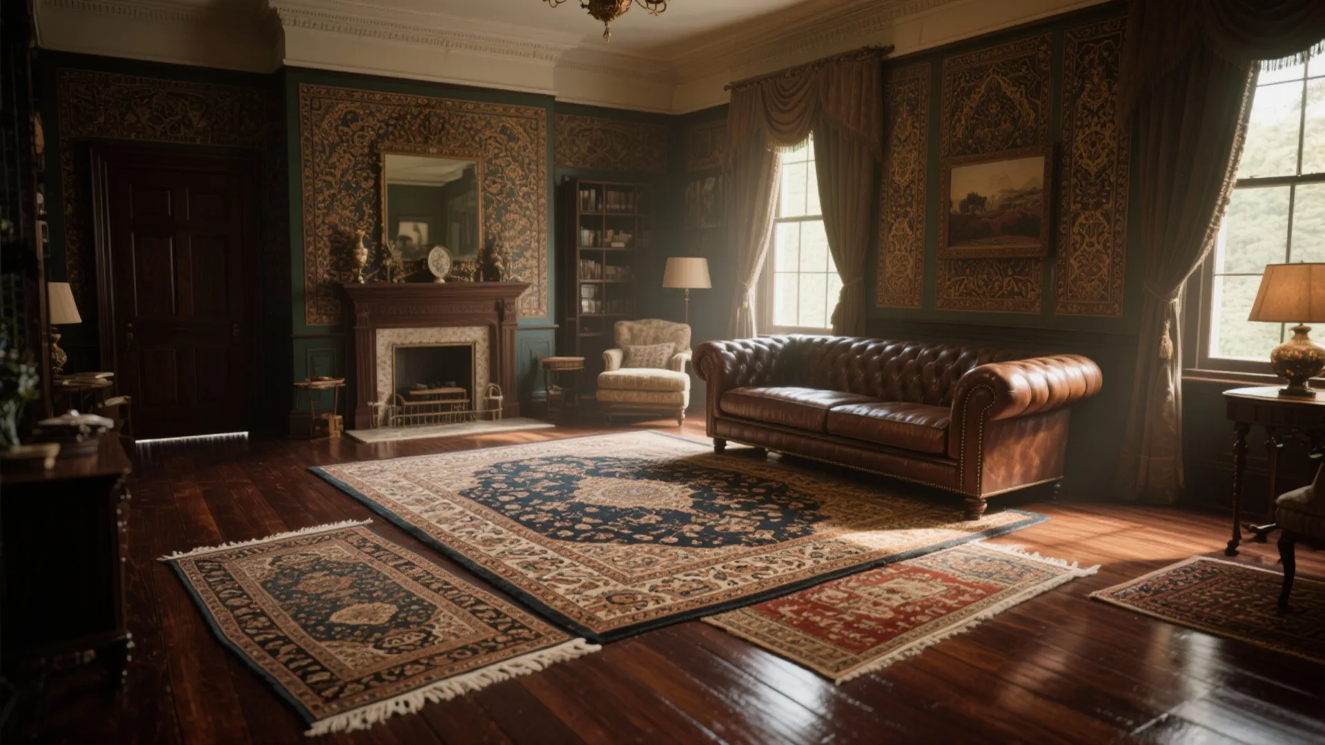 Traditional living room with leather sofa patterned rugs fireplace wood flooring and dark green wall panels