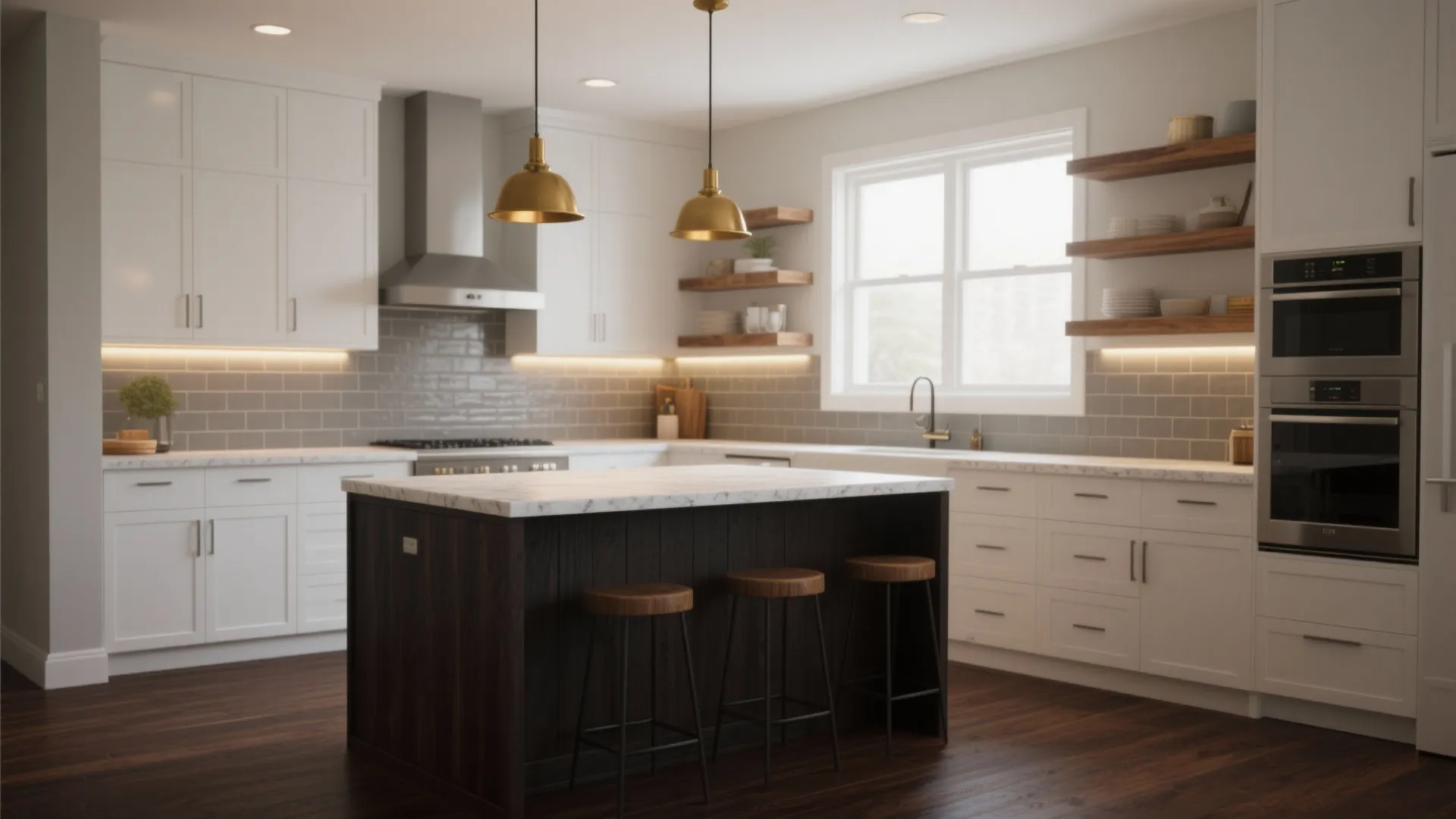 Modern kitchen with white cabinets dark wood island gold ceiling lights and dark wooden floors