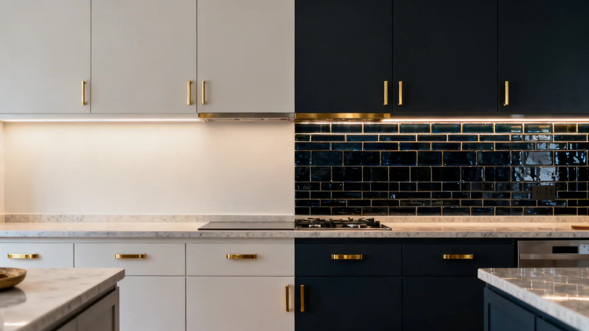 Before-and-after of a small kitchen upgraded to a midnight glass backsplash with brass accents.