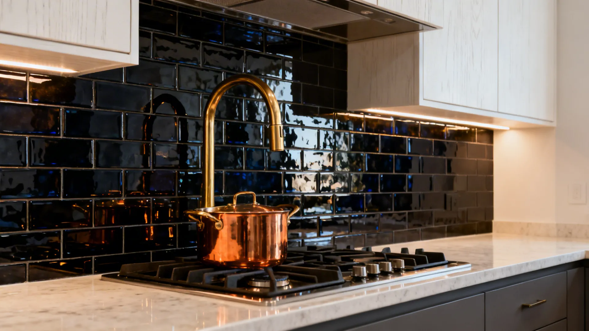 Midnight glass tile backsplash reflecting a brass pot filler in a modern kitchen.