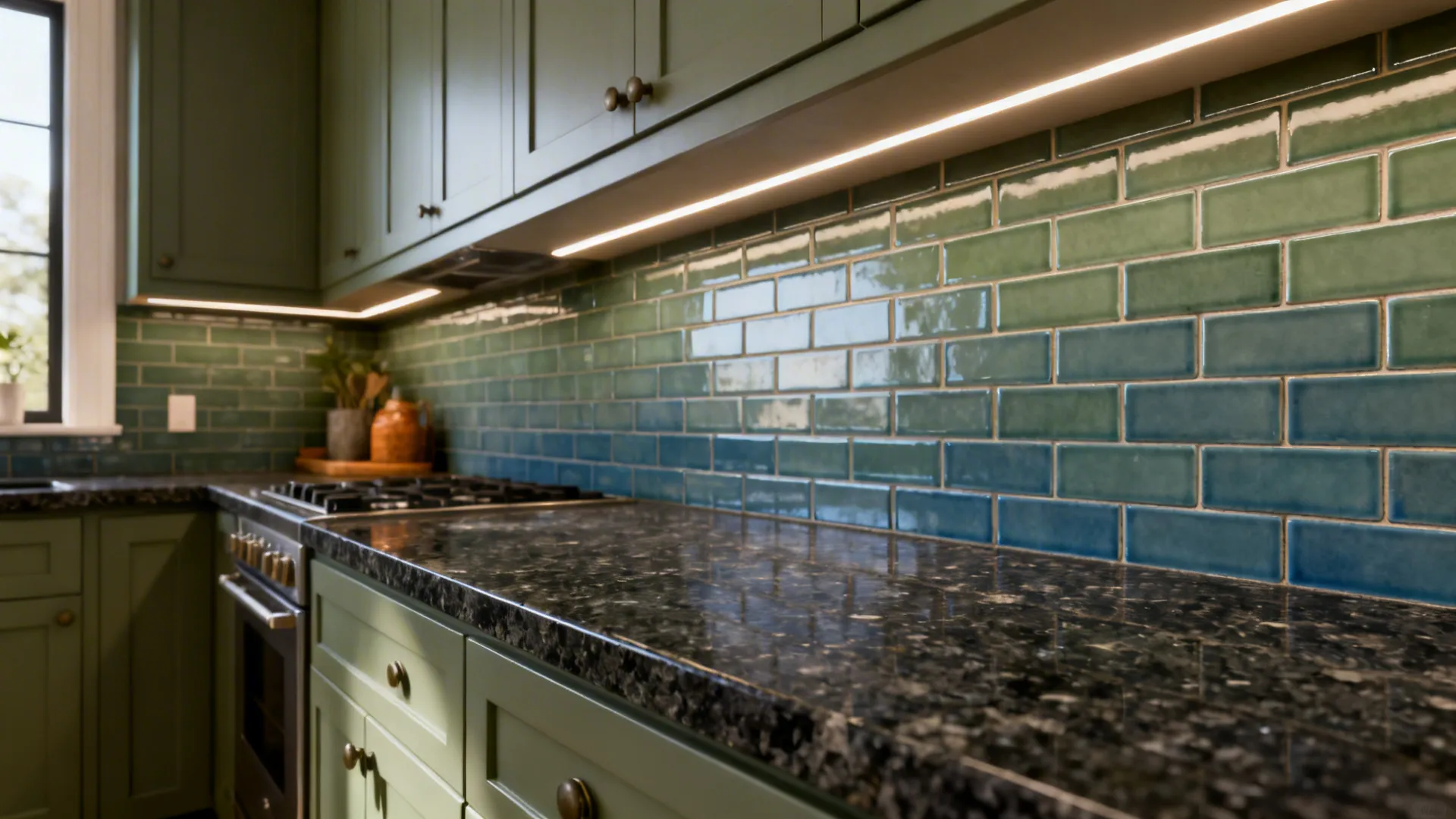 Dark granite countertop with sage or smoky blue ceramic tile backsplash for a two-tone look.