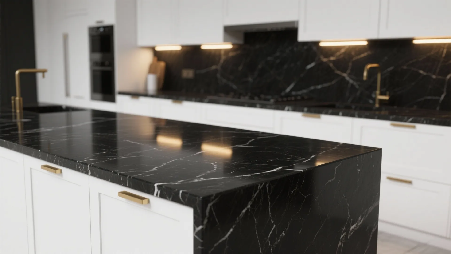 Black marble kitchen island with white cabinets and gold handles in a modern luxury kitchen