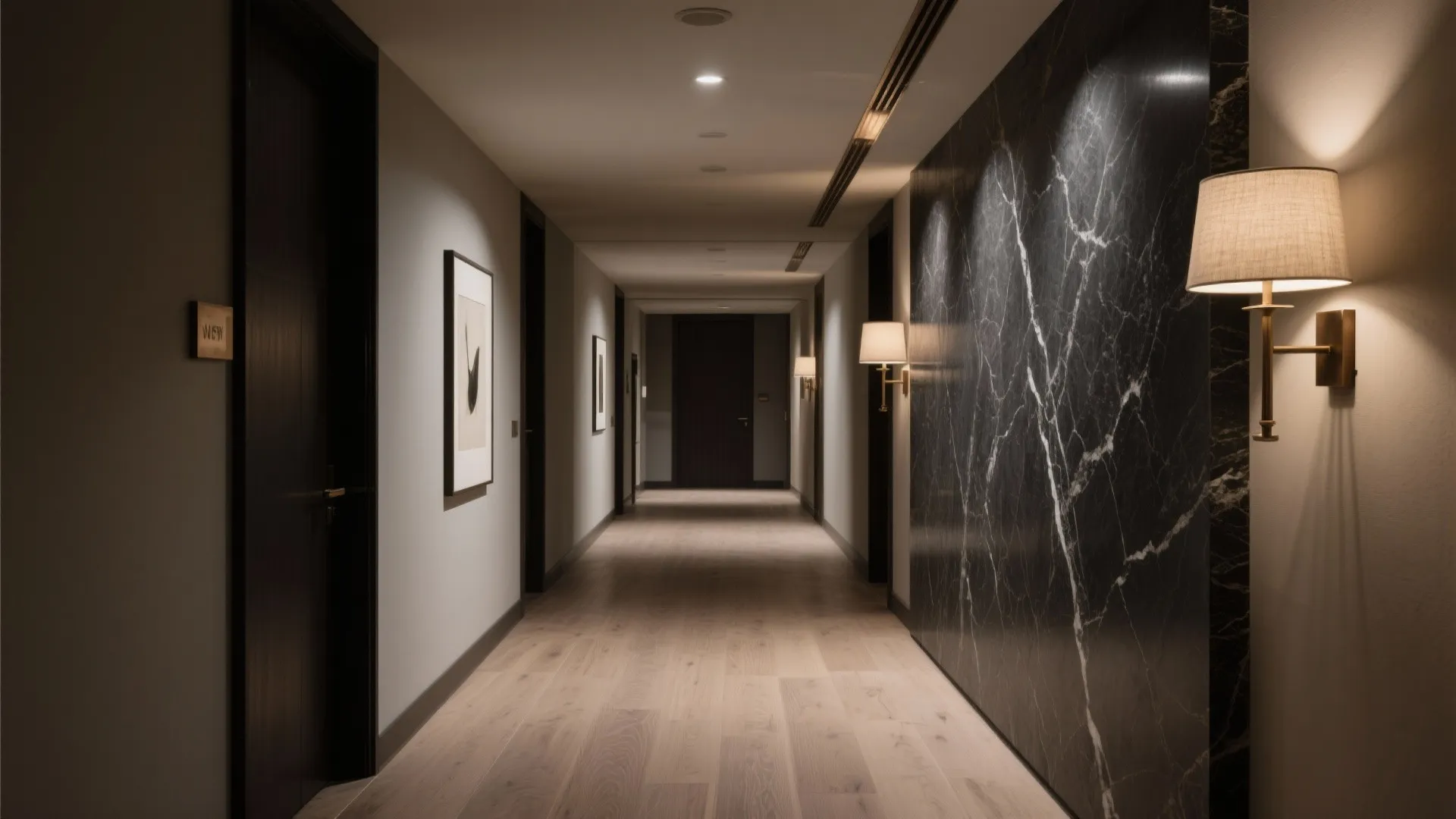 Elegant dark hallway featuring black marble wall panel warm wall light fixtures and wooden floor design