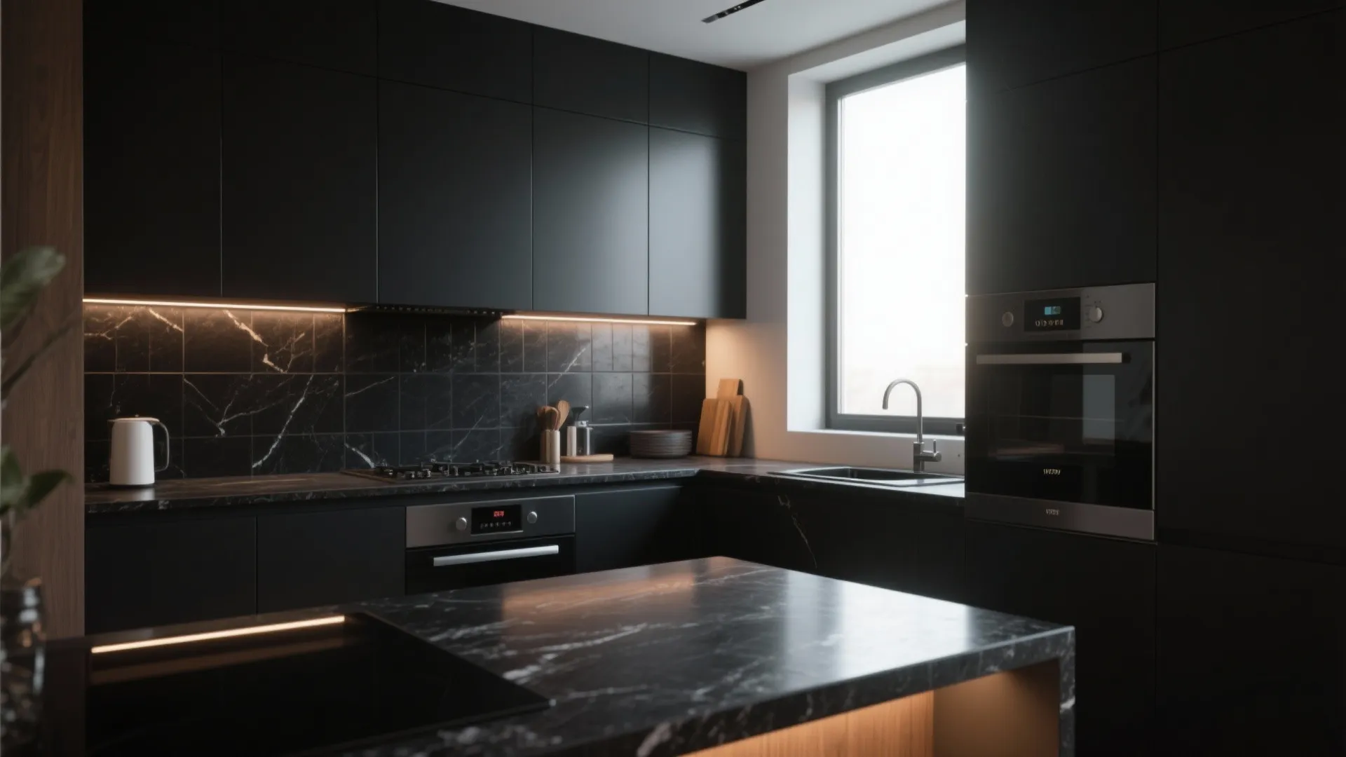 2. Bold Dark Granite with Matte Black Backsplash