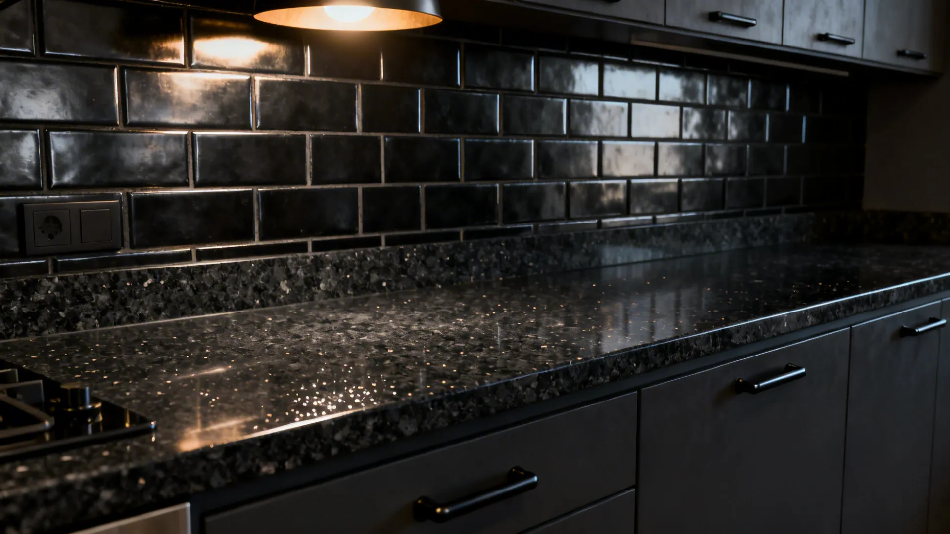 Charcoal granite countertop with reflective flecks and a matte black metallic tile backsplash under warm lighting.