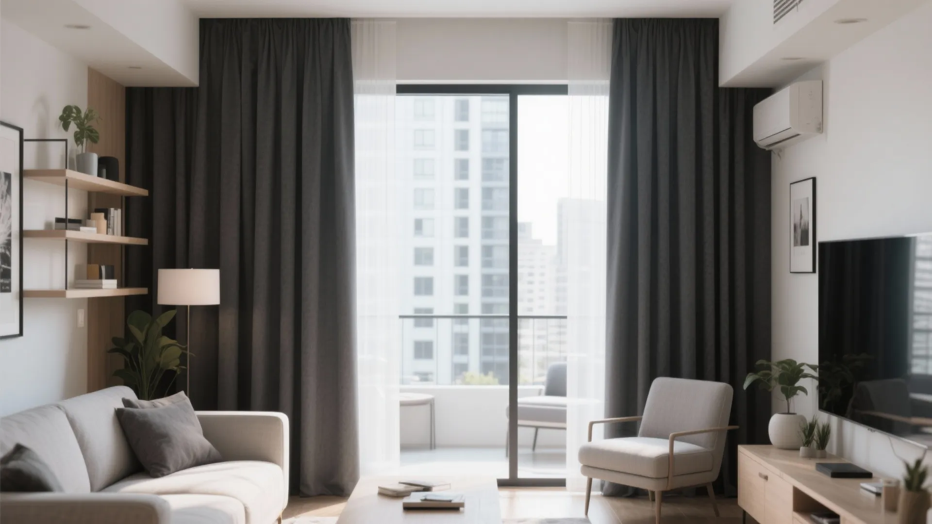 Floor-to-ceiling dark gray curtains in a modern apartment living room