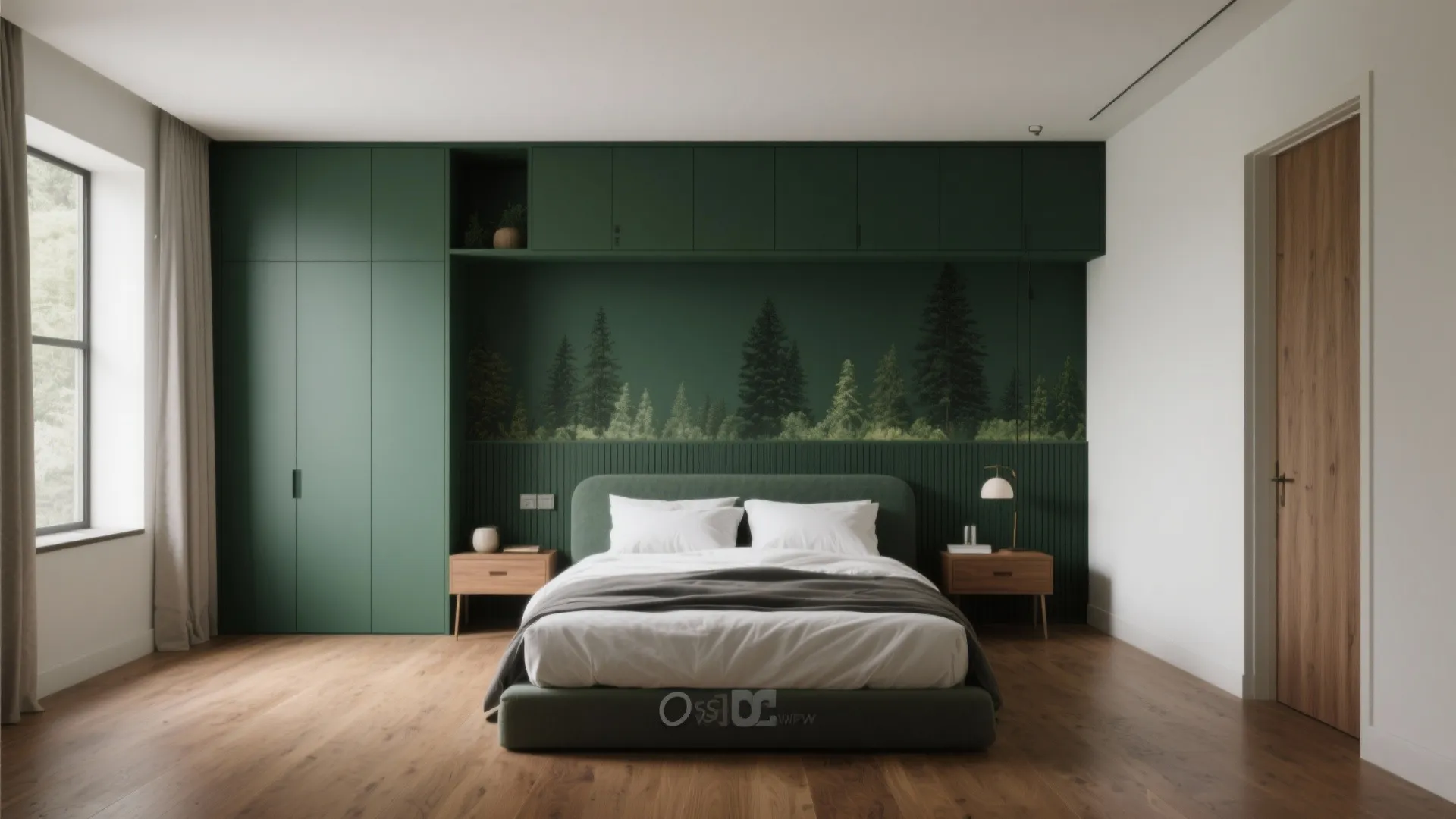 Minimalist bedroom with dark green wall panel forest wallpaper wooden floor and large green cabinet