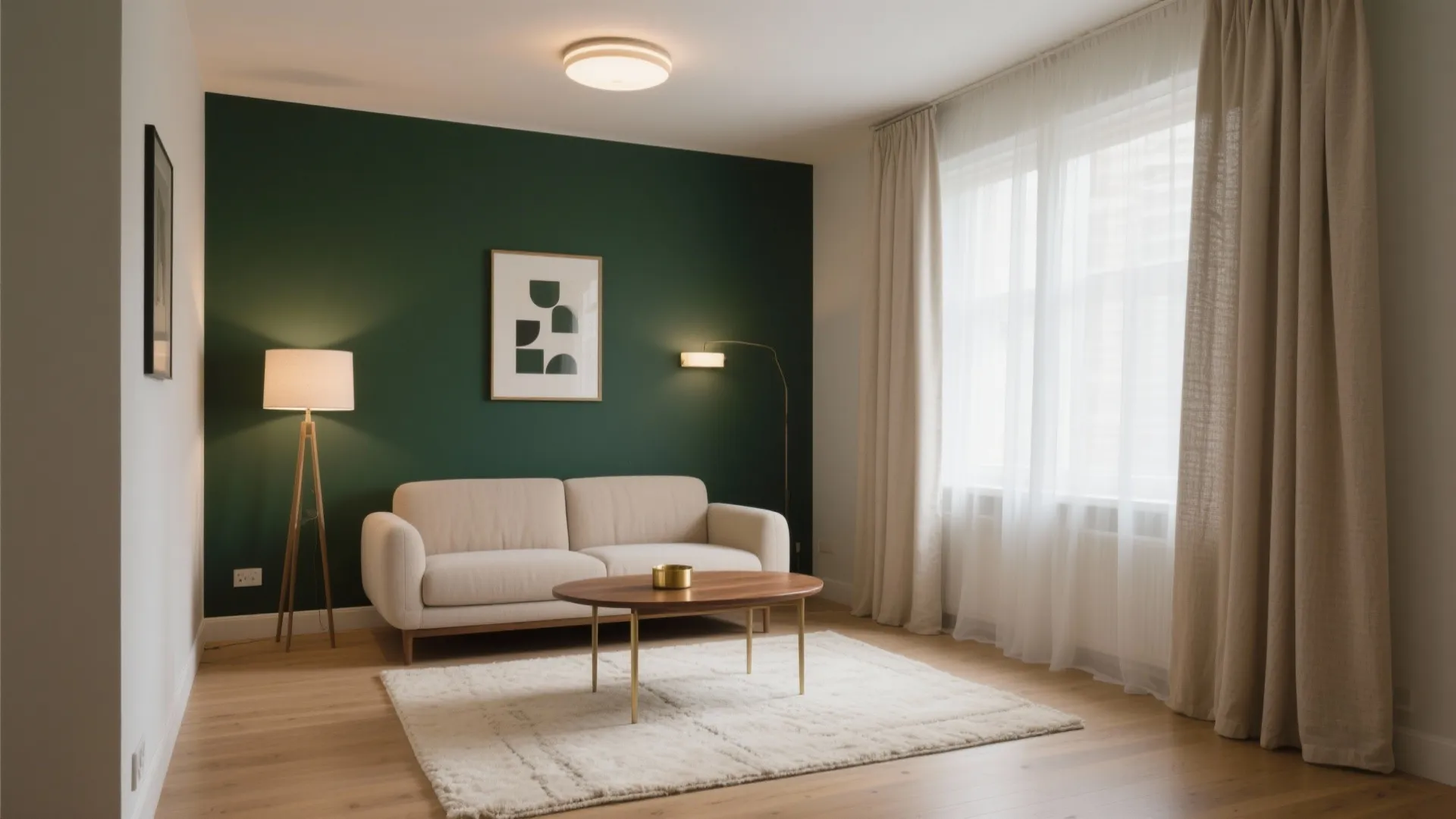 Modern living room featuring dark green accent wall cream sofa wooden table and white curtains