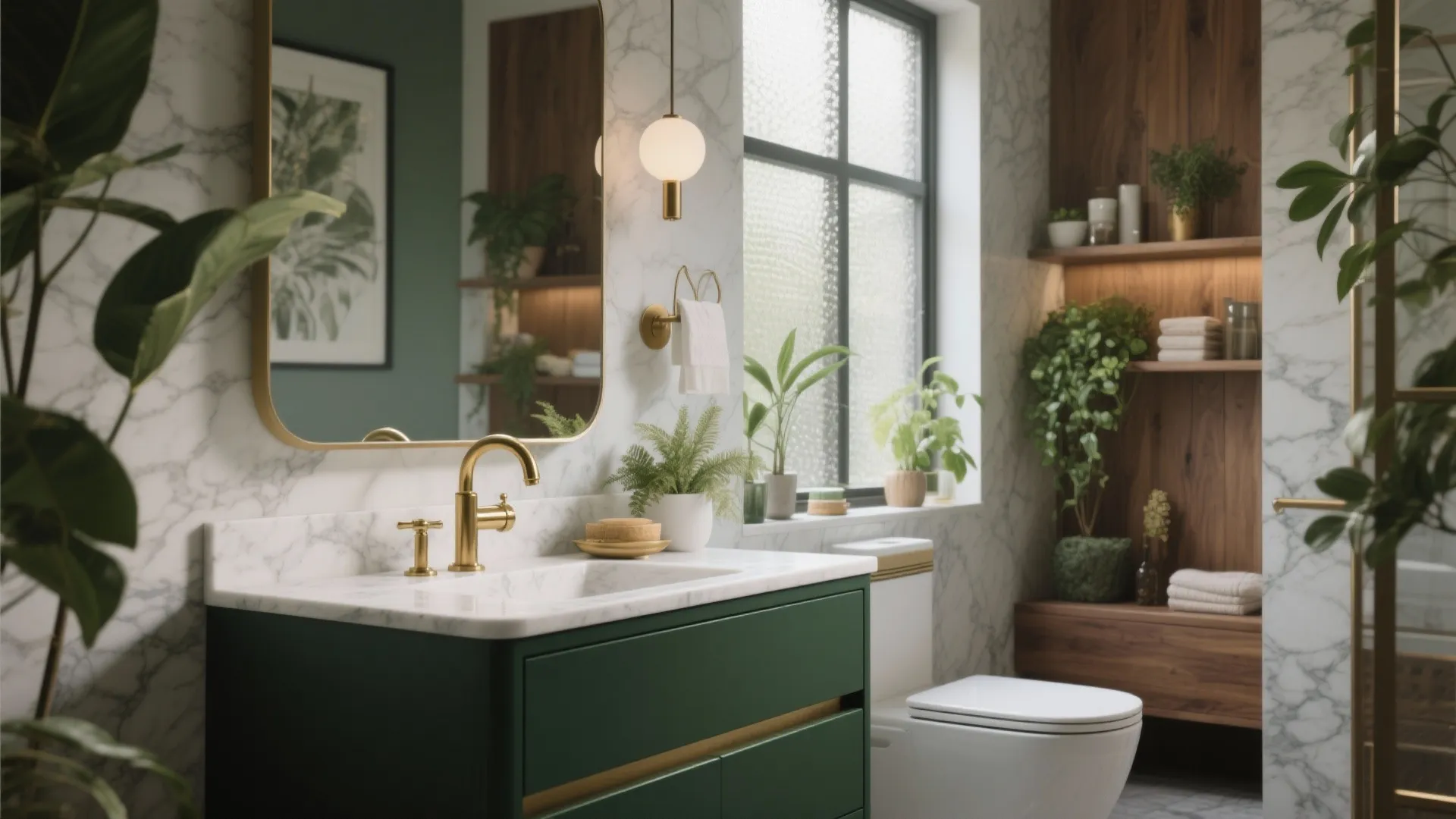 Modern bathroom with green cabinet, marble top, gold faucet, round mirror, toilet, and green plants