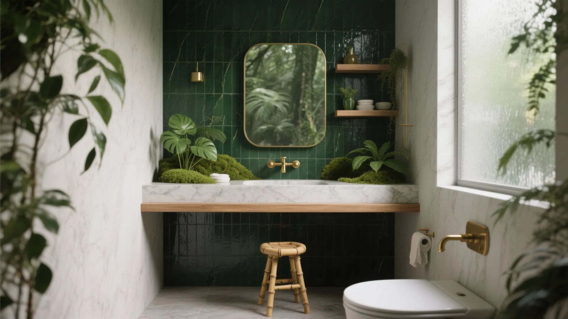 Modern green bathroom with marble sink wooden stool gold faucet round mirror and lush plants