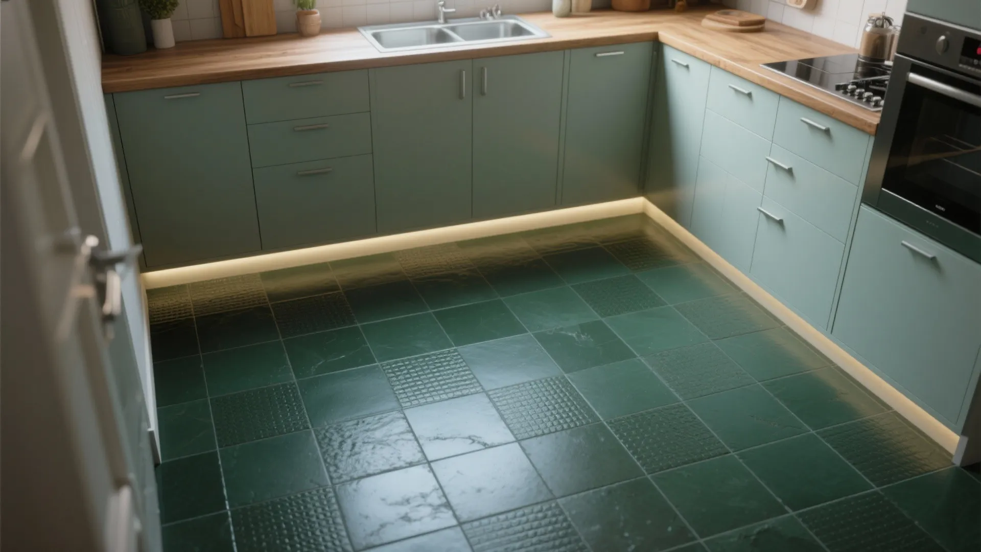 Modern kitchen with dark green floor tiles light green cabinets wood countertop and under cabinet lighting