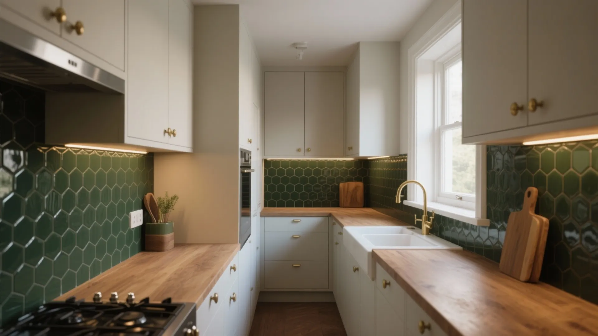 Narrow kitchen with dark green wall tiles white cabinets wood countertop gold sink and natural light