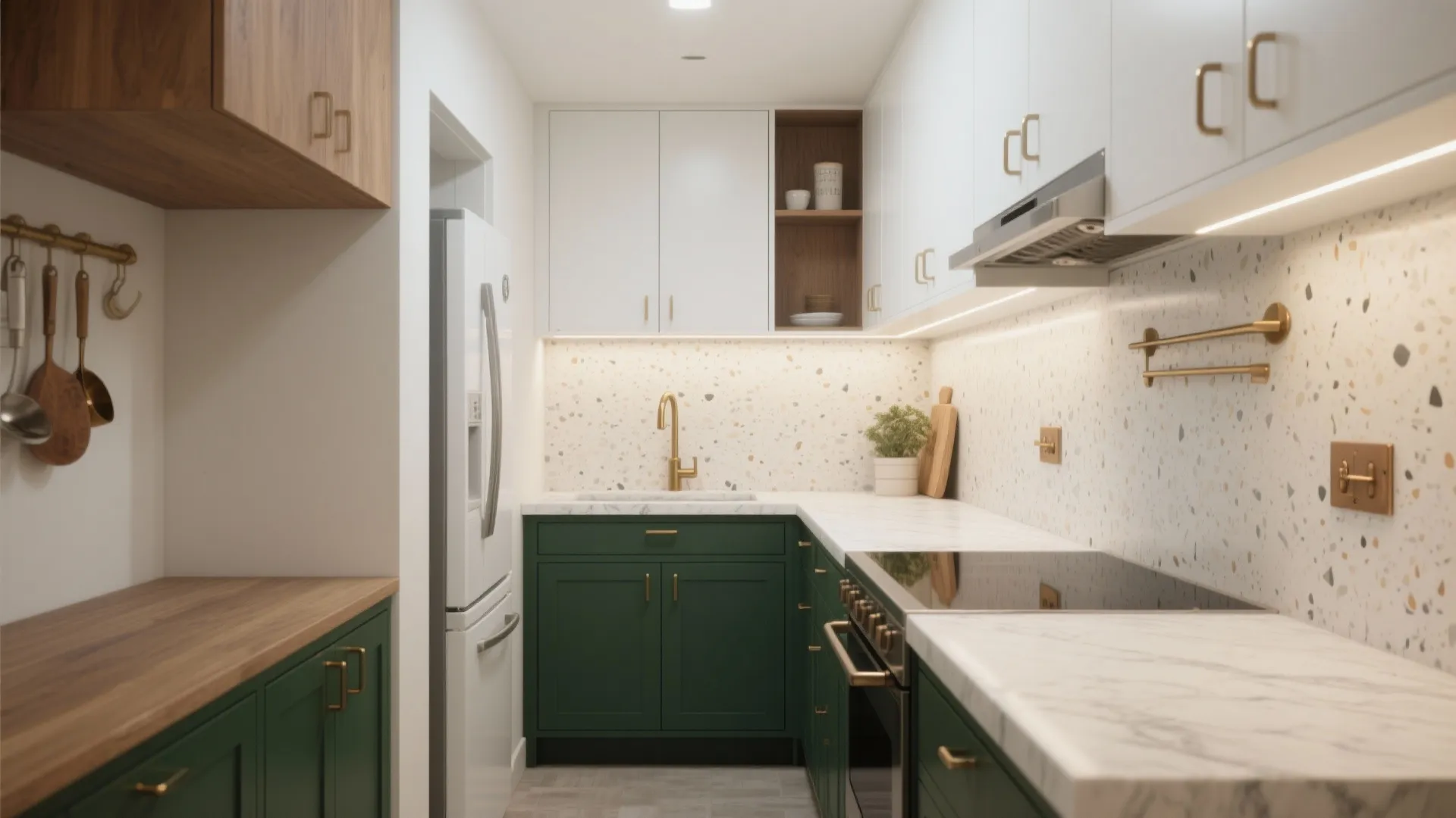 Kitchen with Dark Green Lowers + Light Uppers