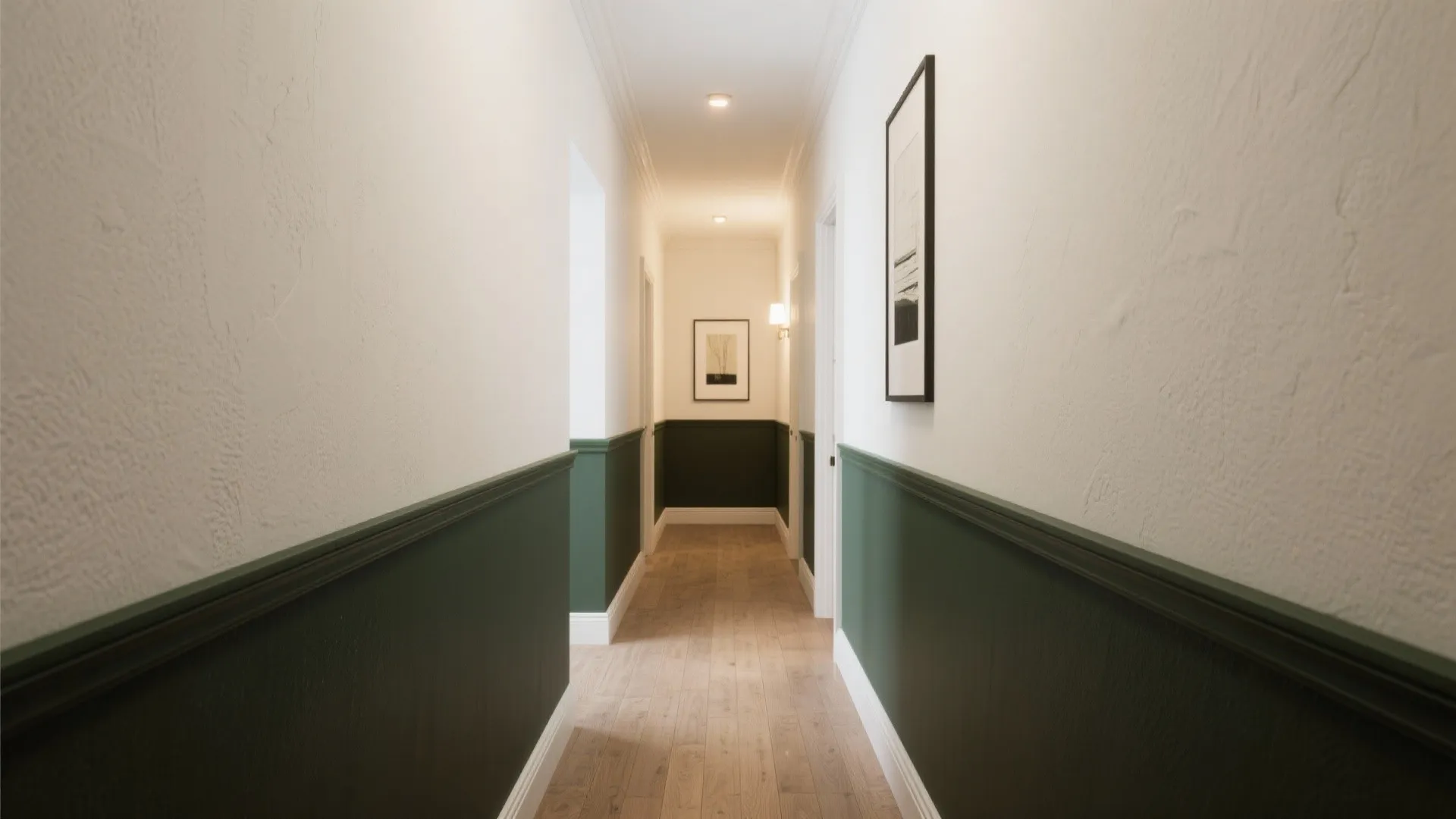 Narrow hallway featuring dark green wall panel decor with white walls and light brown floor