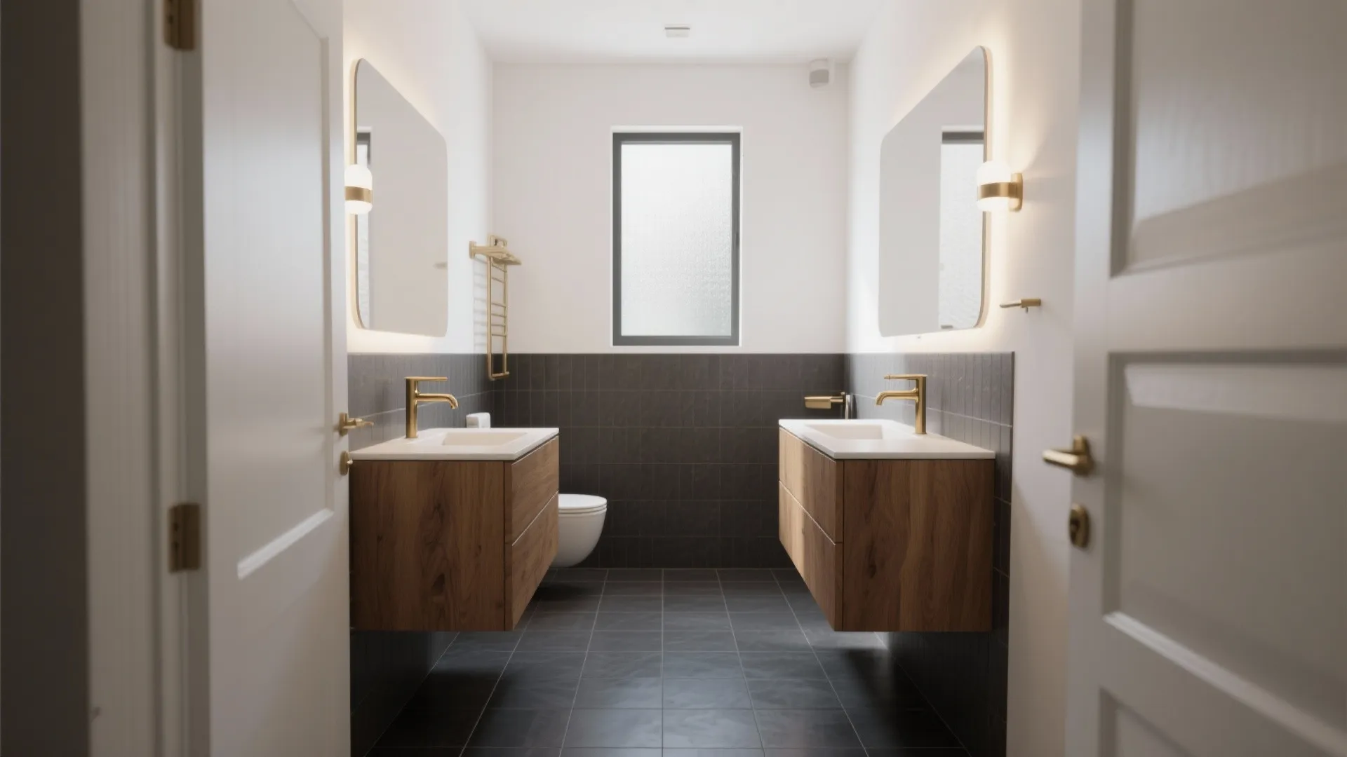 Modern bathroom with double wooden cabinets and gold faucets against dark grey wall panel tiles