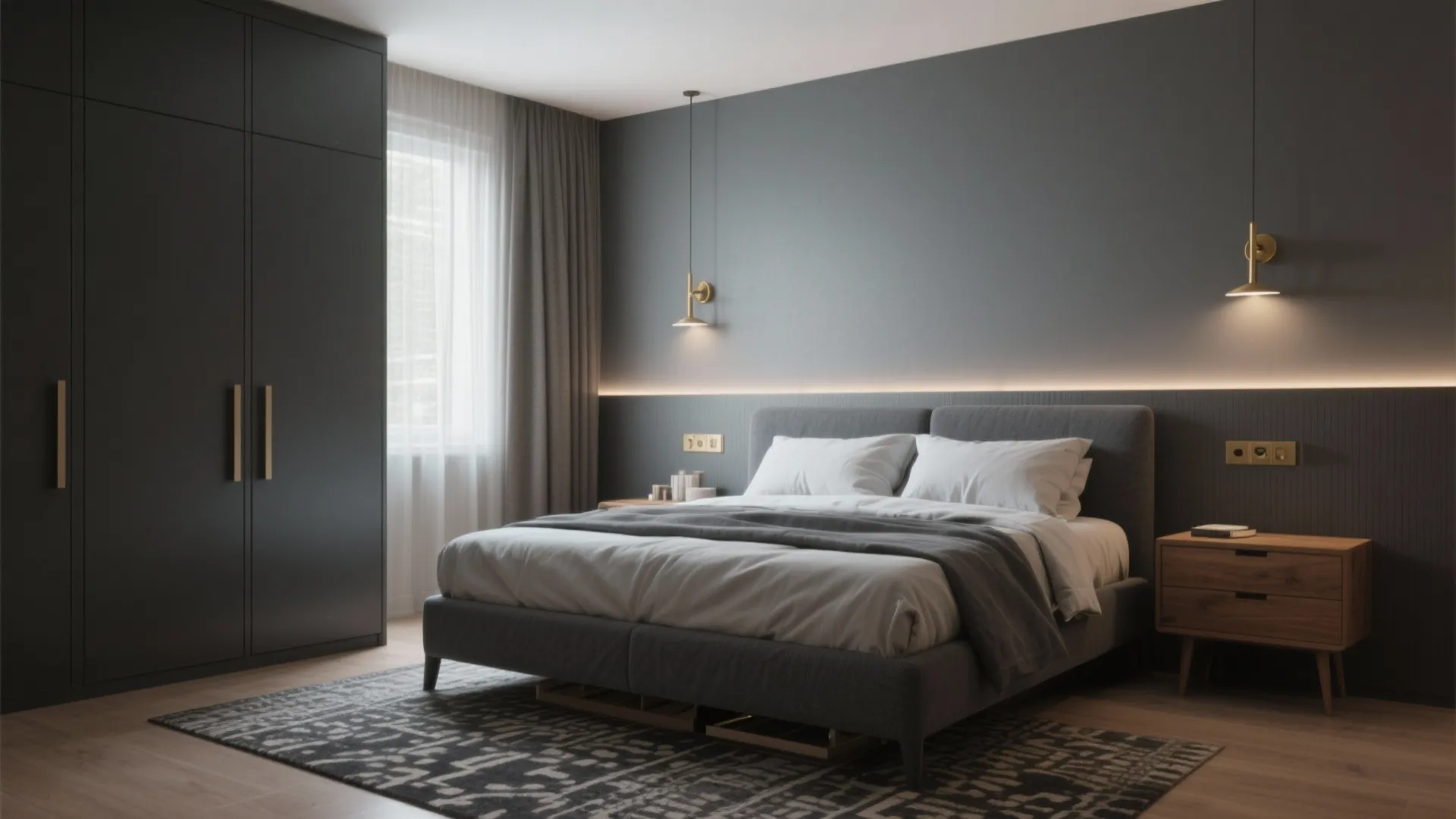 Modern dark grey bedroom with a large cabinet wooden nightstand wall lights and patterned rug