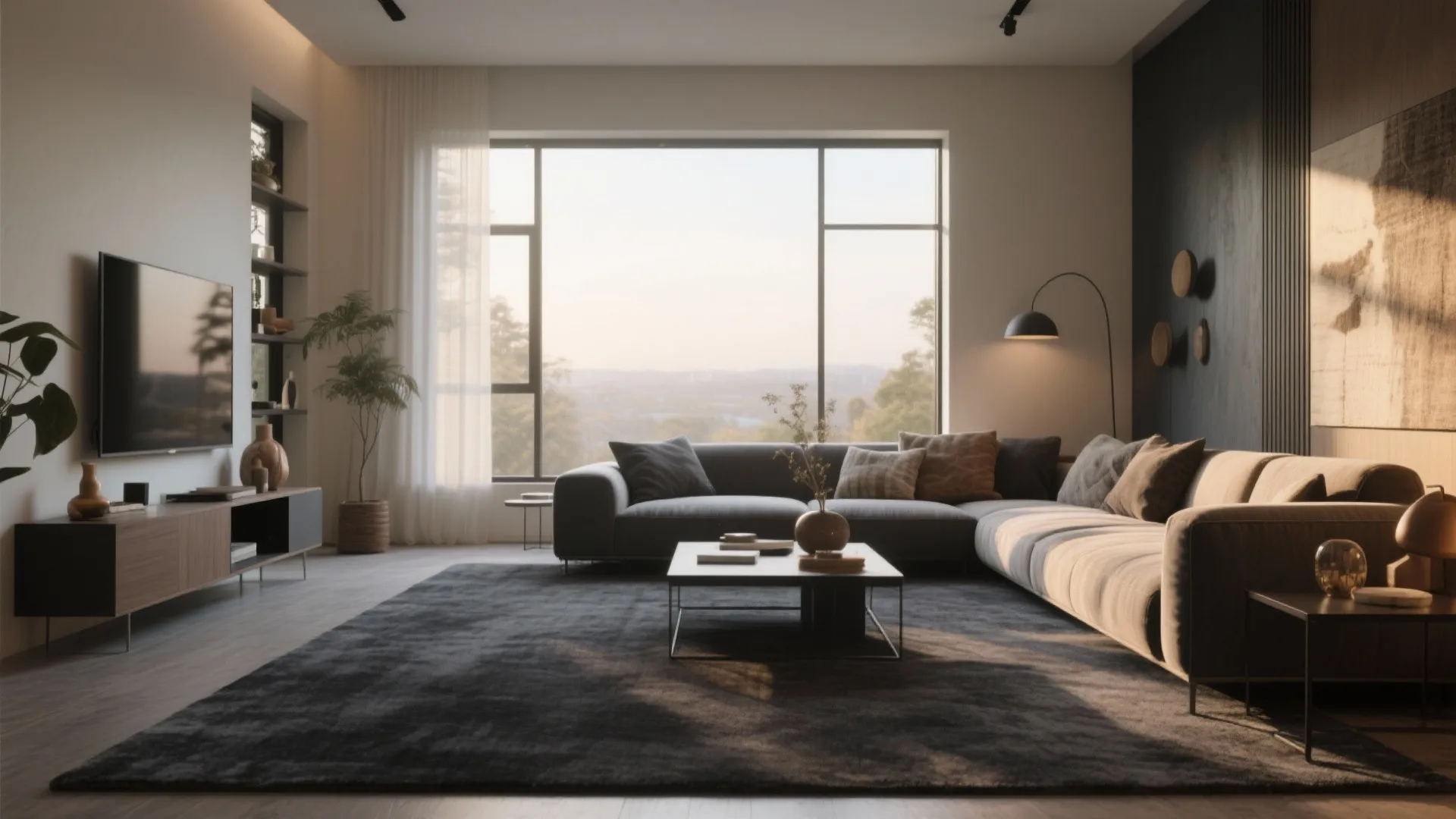 Modern living room featuring large window grey sofa dark carpet and wooden cabinet with television