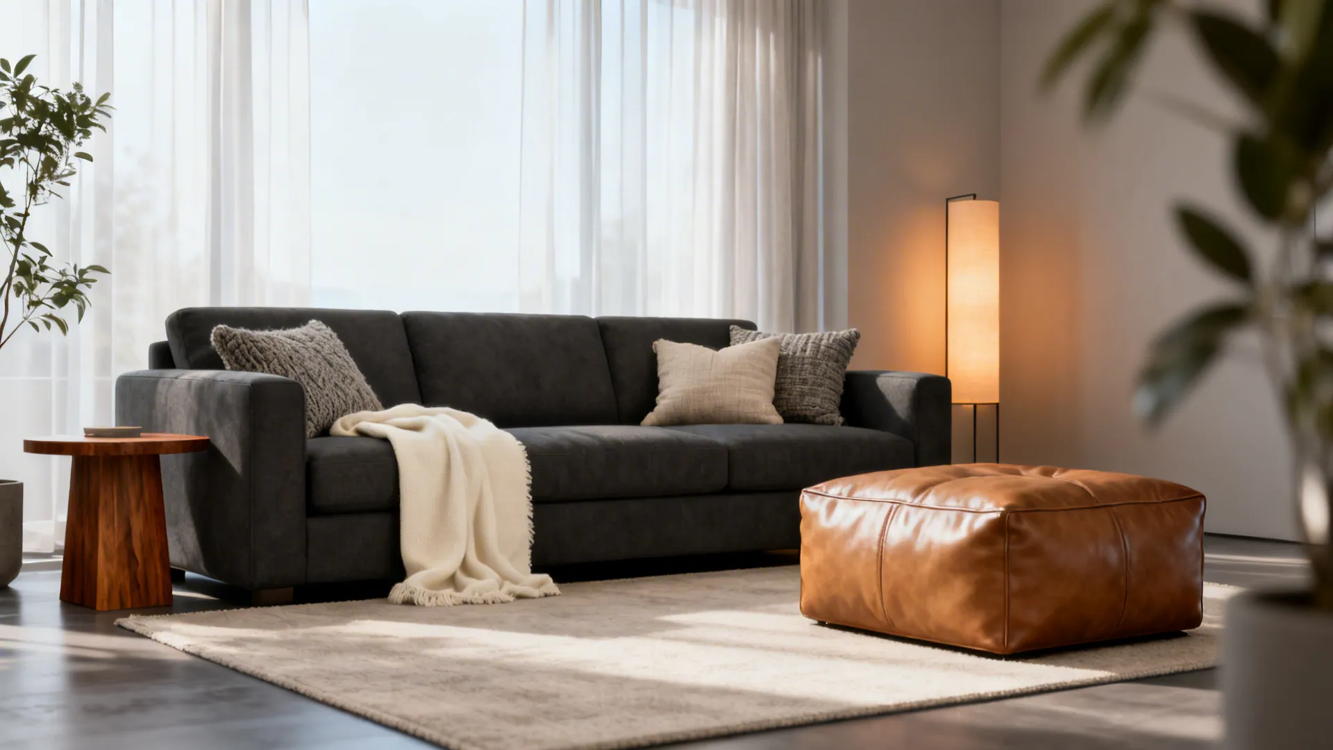 Dark grey sofa with pillows, blanket, leather footrest, wooden side table, rug, and floor light