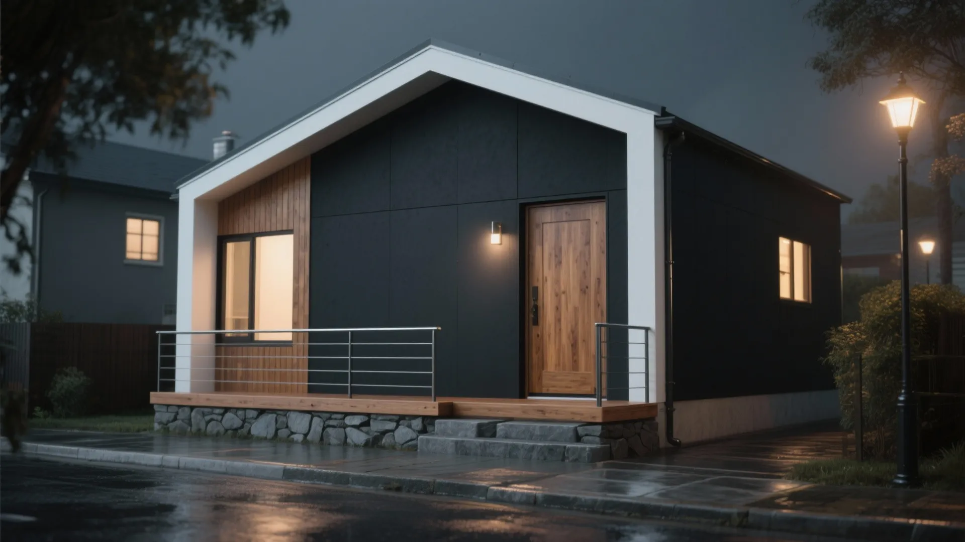 Modern dark grey house at night with wood door and warm glow from a street light