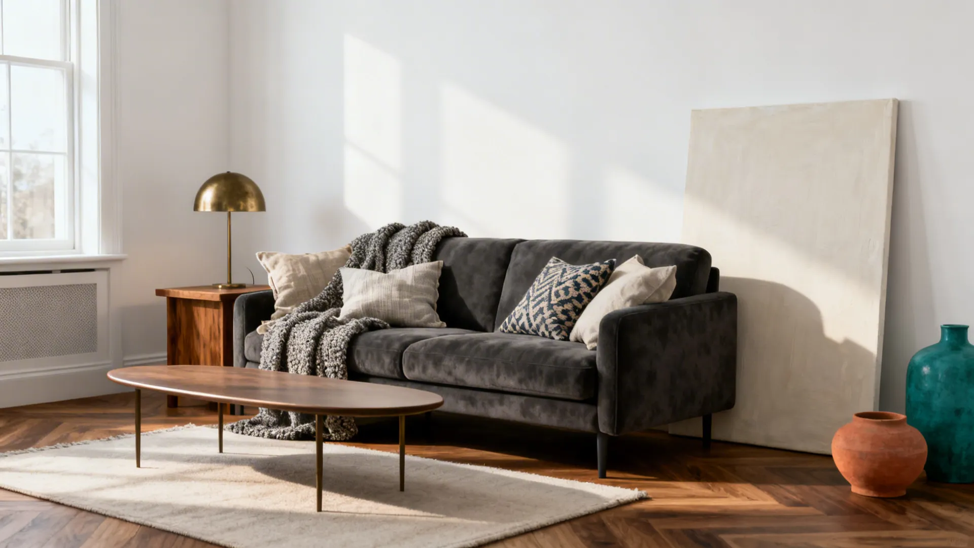 Modern living room with dark grey sofa coffee table brass table light and wood floor