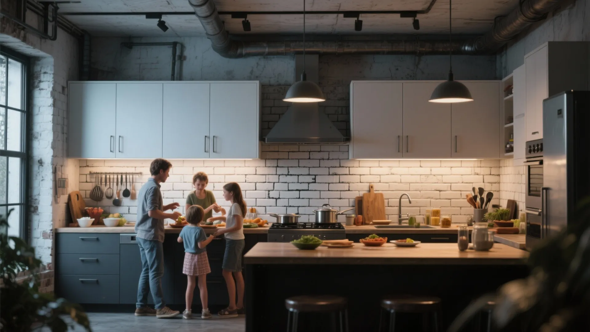 Family with children cooking together in modern kitchen with white brick walls and wooden island