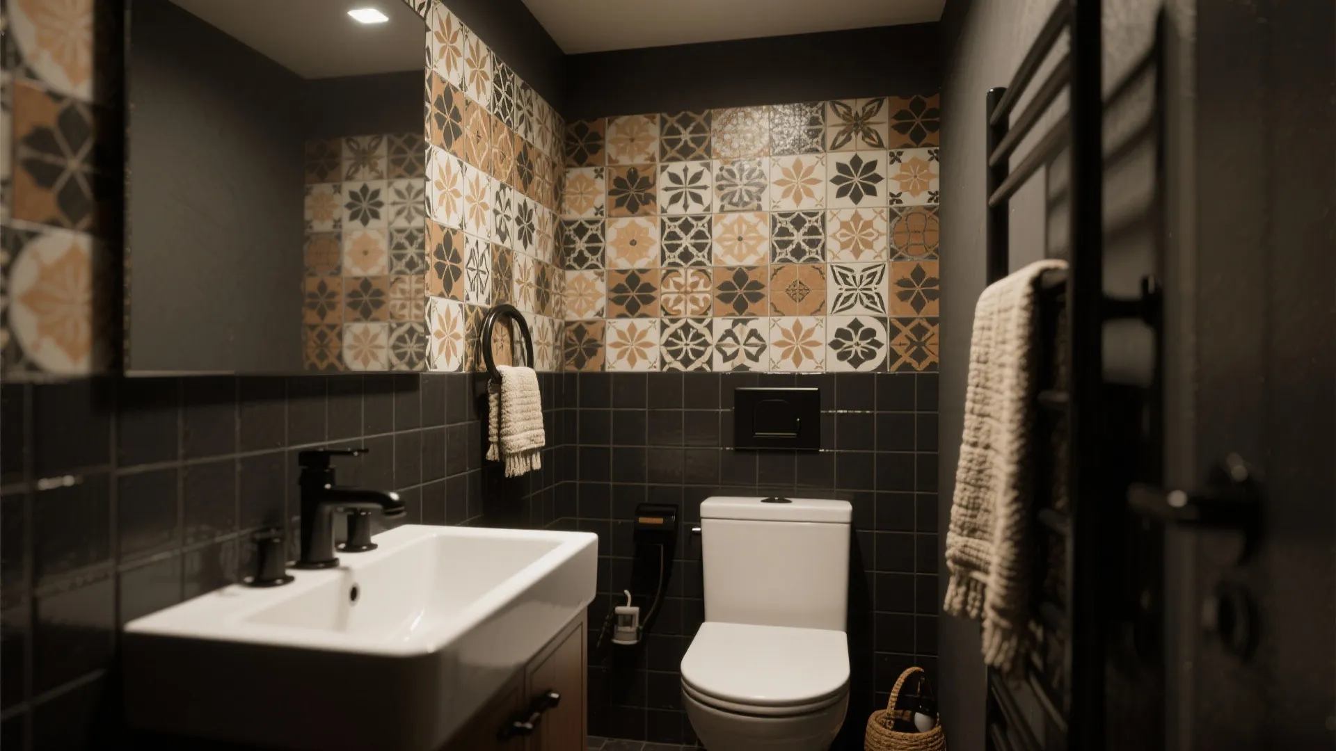 Modern bathroom with white sink toilet dark wall tiles pattern wall design and soft lighting