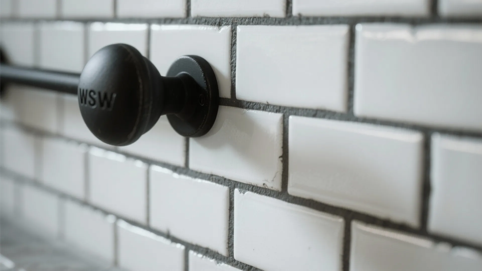 Close up view of white subway wall tiles with dark grey grout and black metal