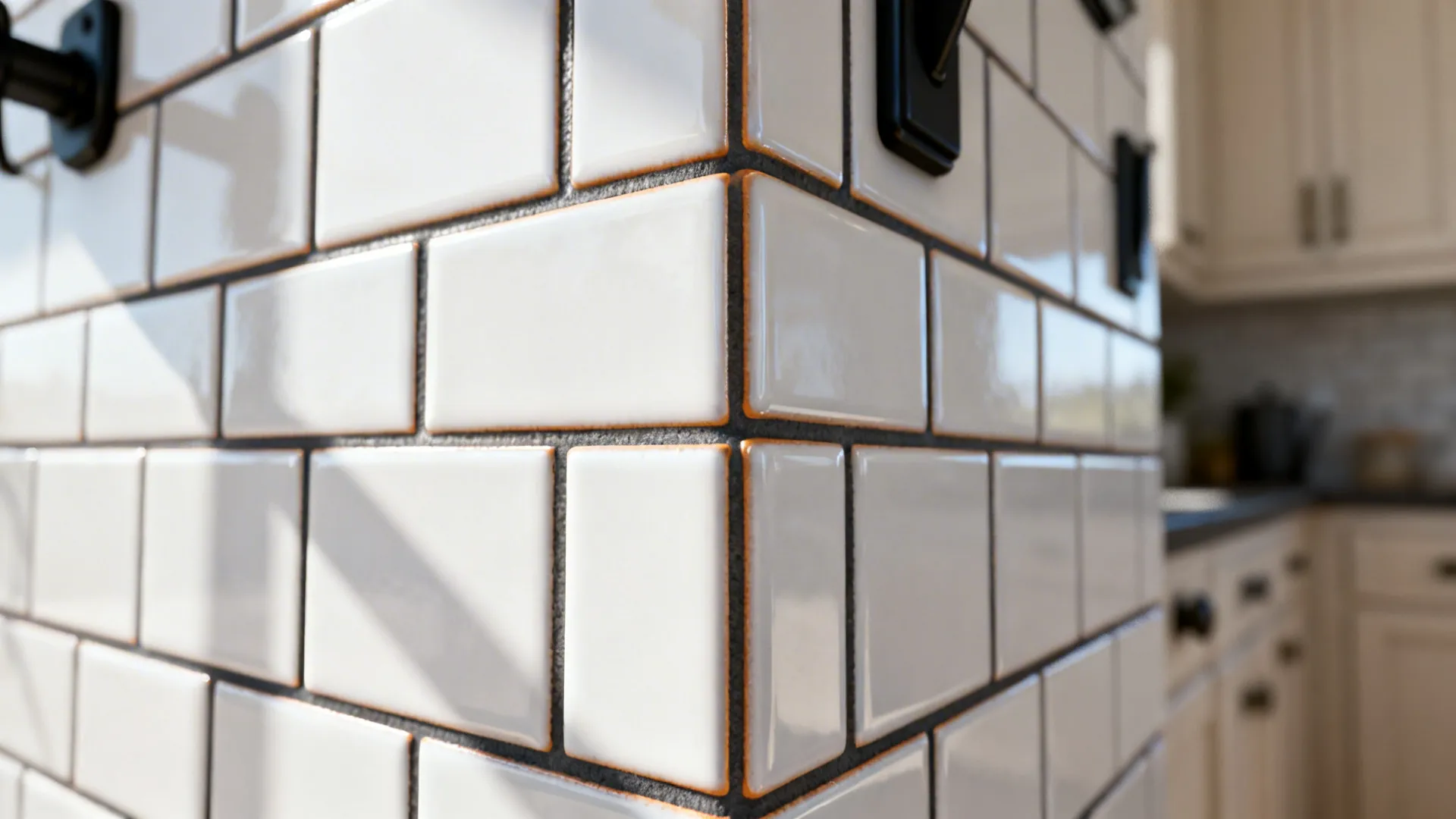 Macro of white subway tiles with warm charcoal grout for bold definition.